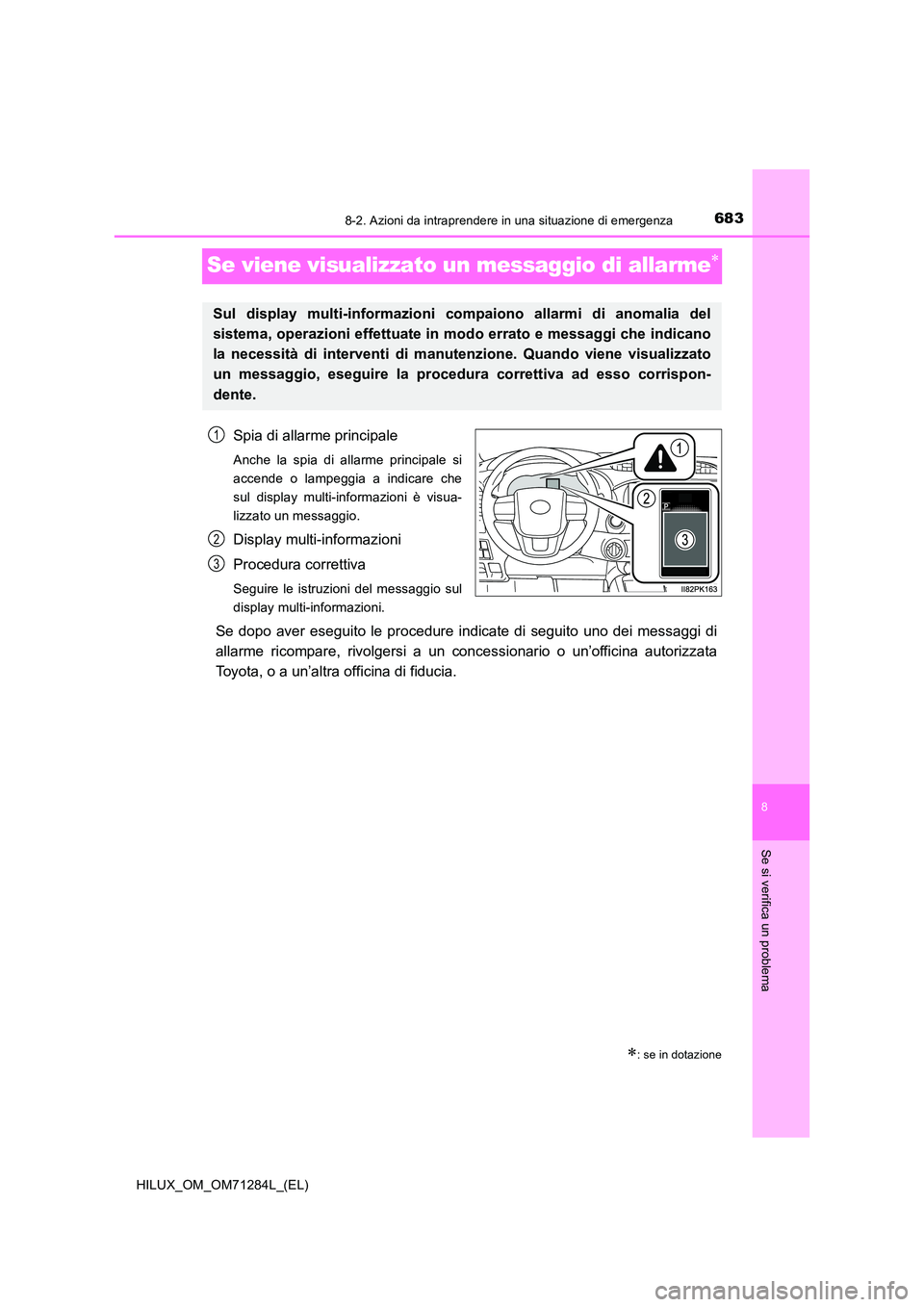 TOYOTA HILUX 2020 Manuale duso (in Italian) 6838-2. Azioni da intraprendere in una situazione di emergenza
HILUX_OM_OM71284L_(EL)
8
Se si verifica un problema
Se viene visualizzato un messaggio di allarme
Spia di allarme principale
Anche la TOYOTA HILUX 2020 Manuale duso (in Italian) 6838-2. Azioni da intraprendere in una situazione di emergenza
HILUX_OM_OM71284L_(EL)
8
Se si verifica un problema
Se viene visualizzato un messaggio di allarme
Spia di allarme principale
Anche la