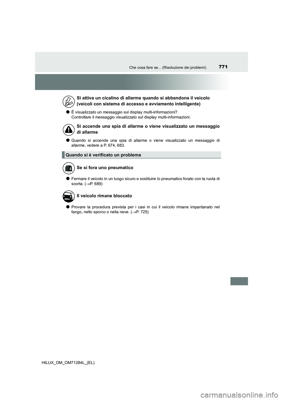 TOYOTA HILUX 2020 Manuale duso (in Italian) 771Che cosa fare se... (Risoluzione dei problemi)
HILUX_OM_OM71284L_(EL)
●È visualizzato un messaggio sul display multi-informazioni?
Controllare il messaggio visualizzato sul display multi-inform TOYOTA HILUX 2020 Manuale duso (in Italian) 771Che cosa fare se... (Risoluzione dei problemi)
HILUX_OM_OM71284L_(EL)
●È visualizzato un messaggio sul display multi-informazioni?
Controllare il messaggio visualizzato sul display multi-inform