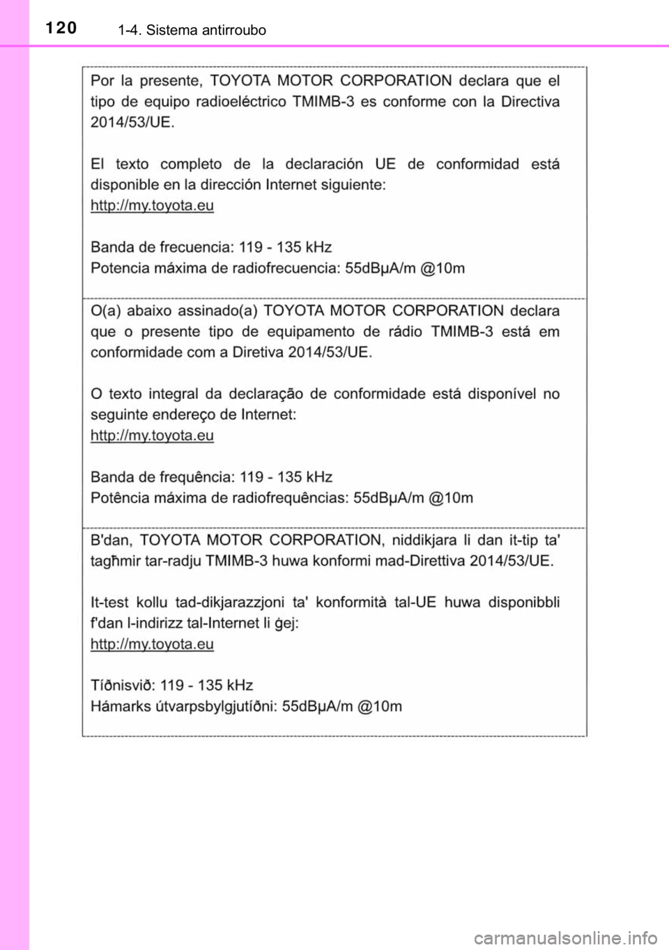 TOYOTA HILUX 2020  Manual de utilização (in Portuguese) 120������6�L�V�W�H�P�D��D�Q�W�L�U�U�R�X�E�R 