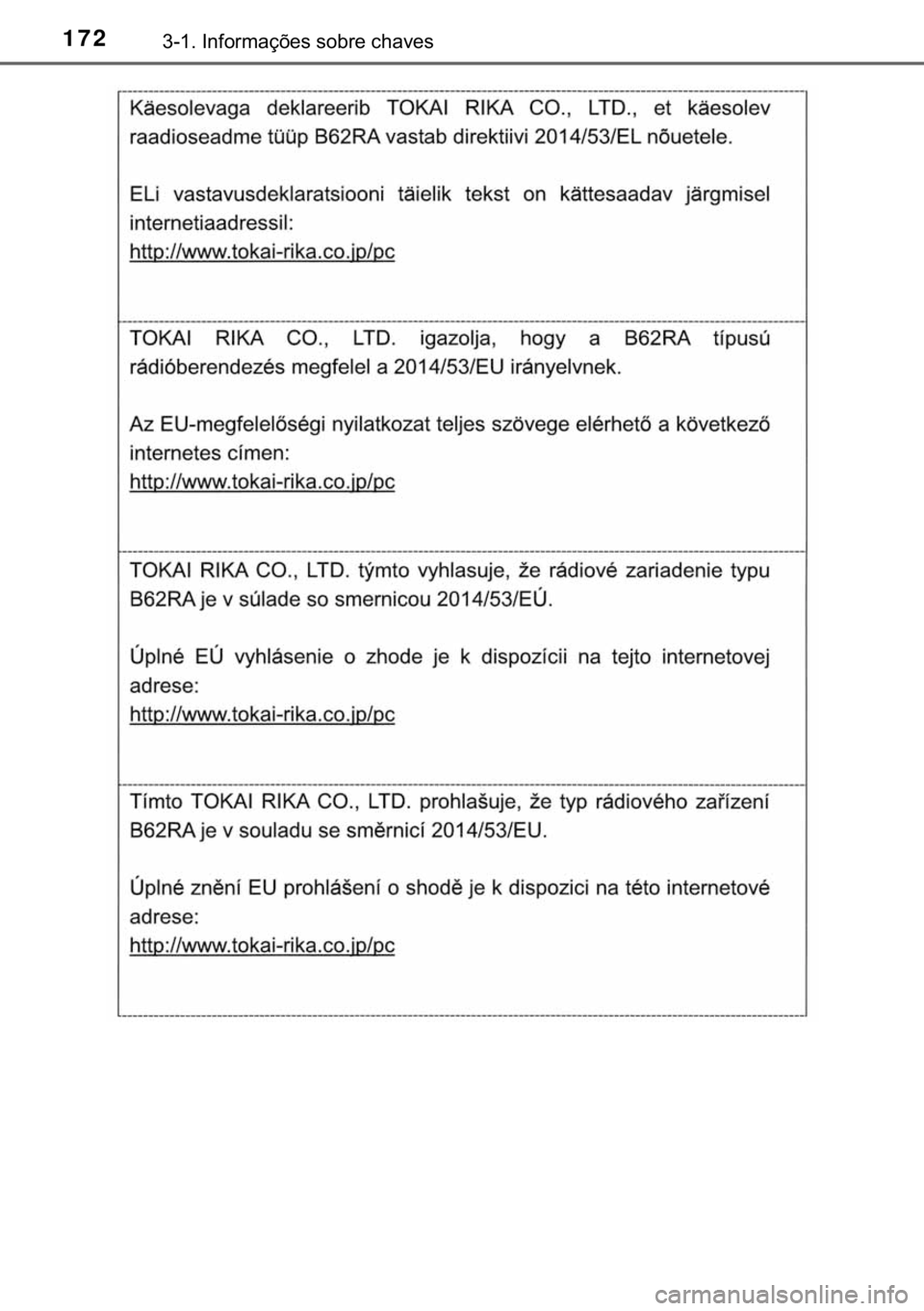 TOYOTA HILUX 2020  Manual de utilização (in Portuguese) 172������,�Q�I�R�U�P�D�o�}�H�V��V�R�E�U�H��F�K�D�Y�H�V 