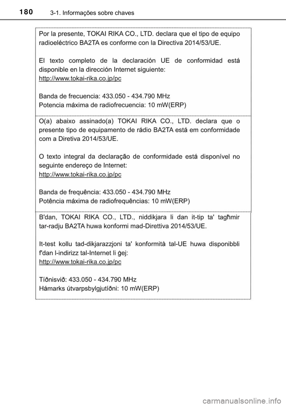 TOYOTA HILUX 2020  Manual de utilização (in Portuguese) 180������,�Q�I�R�U�P�D�o�}�H�V��V�R�E�U�H��F�K�D�Y�H�V 