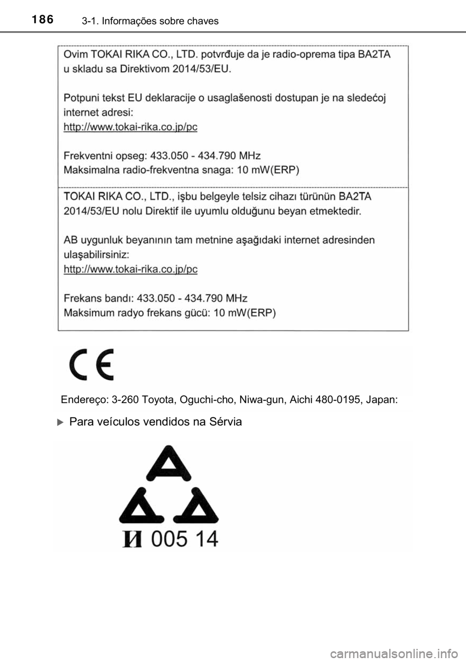 TOYOTA HILUX 2020  Manual de utilização (in Portuguese) 186������,�Q�I�R�U�P�D�o�}�H�V��V�R�E�U�H��F�K�D�Y�H�V
�X�3�D�U�D��Y�H�t�F�X�O�R�V��Y�H�Q�G�L�G�R�V��Q�D��6�p�U�Y�L�D
<002800510047004800550048006f0052001d0003001600100015001900130003003700