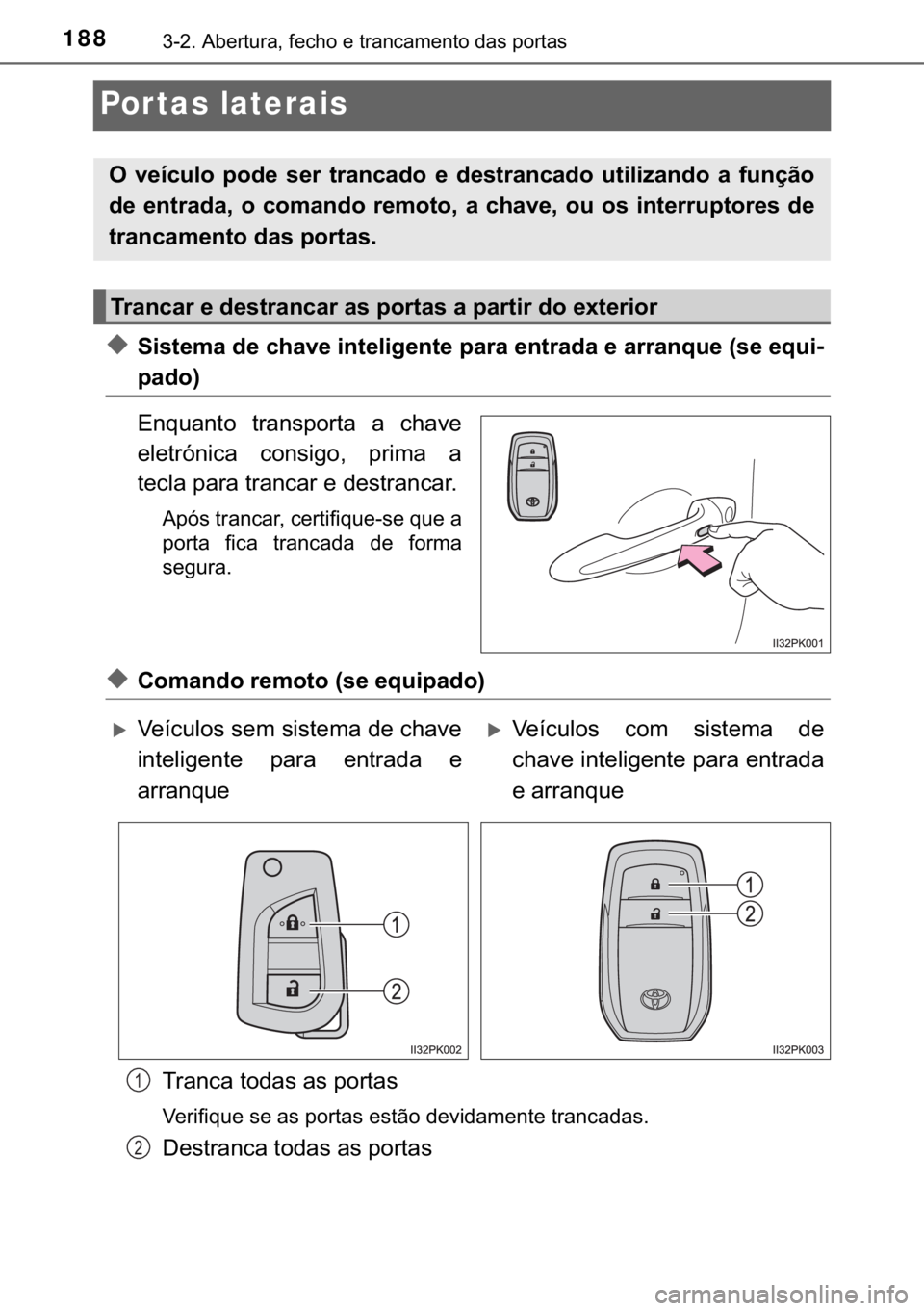 TOYOTA HILUX 2020  Manual de utilização (in Portuguese) 188������$�E�H�U�W�X�U�D���I�H�F�K�R��H��W�U�D�Q�F�D�P�H�Q�W�R��G�D�V��S�R�U�W�D�V
Por tas laterais
◆�6�L�V�W�H�P�D��G�H��F�K�D�Y�H��L�Q�W�H�O�L�J�H�Q�W�H��S�D�U�D��H�Q�W�U�D�G�D��H