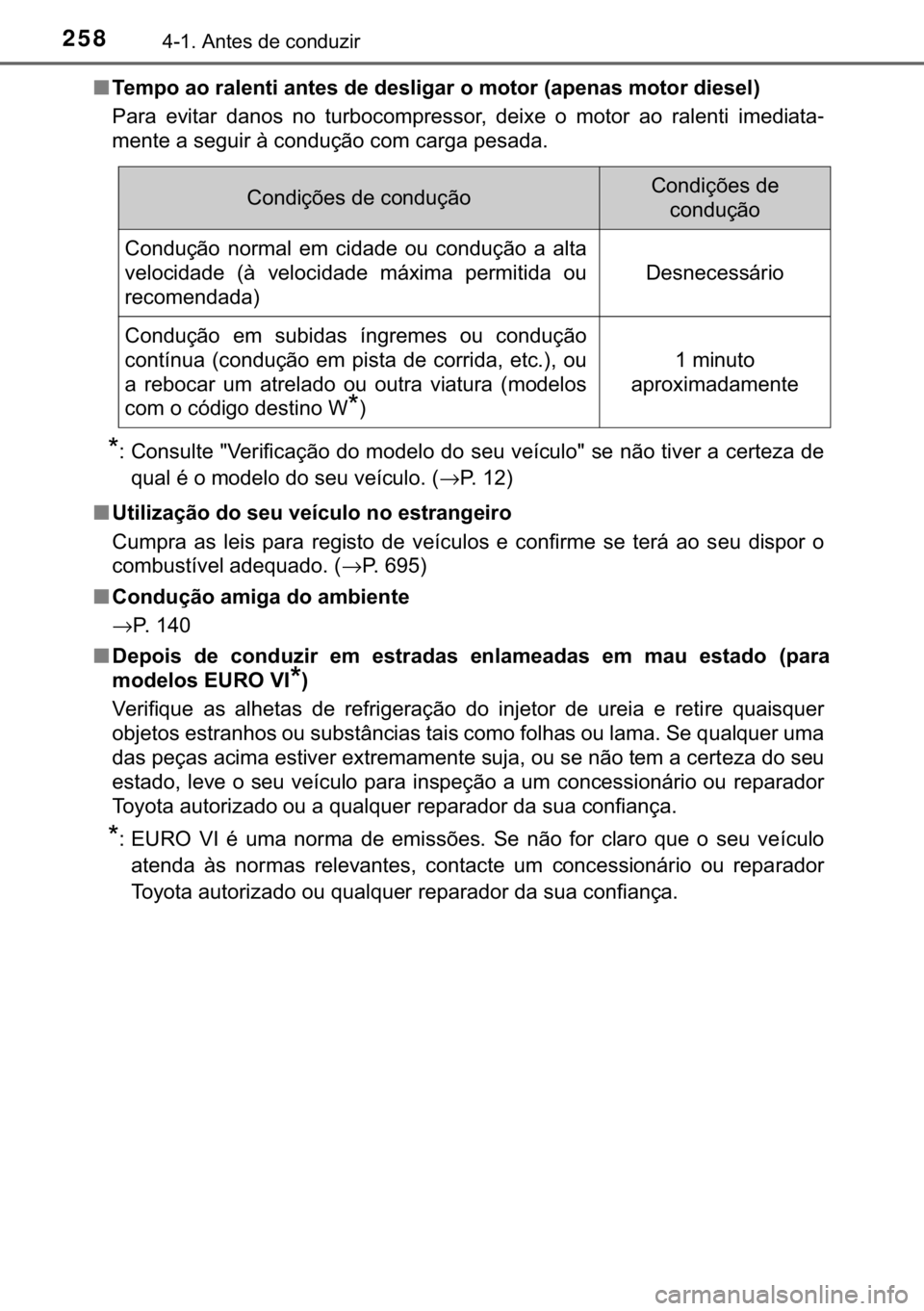 TOYOTA HILUX 2020  Manual de utilização (in Portuguese) 258������$�Q�W�H�V��G�H��F�R�Q�G�X�]�L�U
■�7�H�P�S�R��D�R��U�D�O�H�Q�W�L��D�Q�W�H�V��G�H��G�H�V�O�L�J�D�U��R��P�R�W�R�U���D�S�H�Q�D�V��P�R�W�R�U��G�L�H�V�H�O�
�3�D�U�D� �H�Y�L�W�