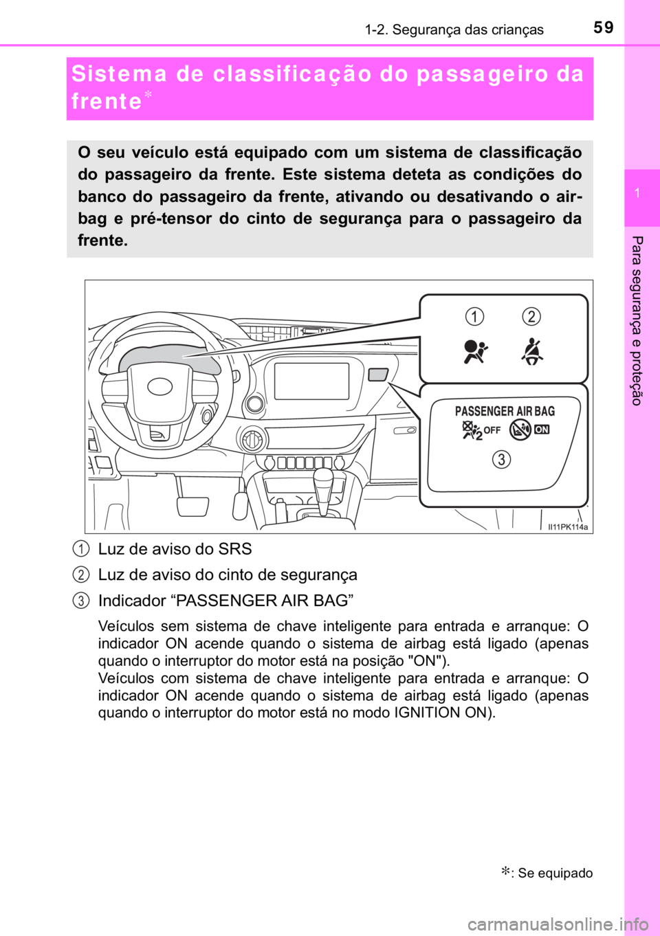 TOYOTA HILUX 2020  Manual de utilização (in Portuguese) 59������6�H�J�X�U�D�Q�o�D��G�D�V��F�U�L�D�Q�o�D�V
�
�3�D�U�D��V�H�J�X�U�D�Q�o�D��H��S�U�R�W�H�o�m�R
Sistema de classificação do passageiro da 
frente
∗
�/�X�]��G�H��D�Y�L�V�R��G�R��