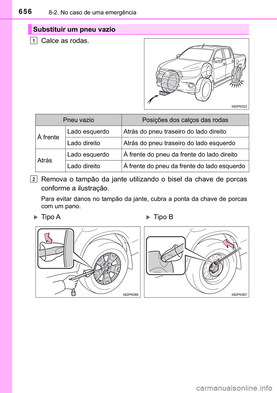 TOYOTA HILUX 2020  Manual de utilização (in Portuguese) 656������1�R��F�D�V�R��G�H��X�P�D��H�P�H�U�J�r�Q�F�L�D
�&�D�O�F�H��D�V��U�R�G�D�V�
�5�H�P�R�Y�D� �R� �W�D�P�S�m�R� �G�D� �M�D�Q�W�H� �X�W�L�O�L�]�D�Q�G�R� �R� �E�L�V�H�O� �G�D� �F