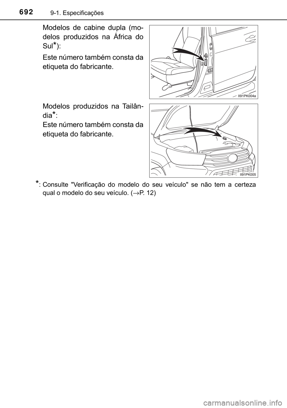 TOYOTA HILUX 2020  Manual de utilização (in Portuguese) 692������(�V�S�H�F�L�I�L�F�D�o�}�H�V
�0�R�G�H�O�R�V� �G�H� �F�D�E�L�Q�H� �G�X�S�O�D� ��P�R�
�G�H�O�R�V� �S�U�R�G�X�]�L�G�R�V� �Q�D� �