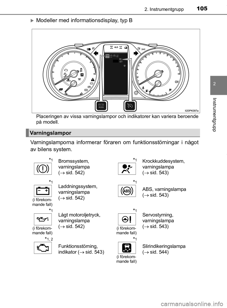 TOYOTA HILUX 2020 Bruksanvisningar (in Swedish) 1052. Instrumentgrupp
2
Instrumentgrupp
HILUX_OM_OM0K321SE
Modeller med informationsdisplay, typ B
Placeringen av vissa varningslampor och indikatorer kan variera beroende
på modell.
Varningslamp TOYOTA HILUX 2020 Bruksanvisningar (in Swedish) 1052. Instrumentgrupp
2
Instrumentgrupp
HILUX_OM_OM0K321SE
Modeller med informationsdisplay, typ B
Placeringen av vissa varningslampor och indikatorer kan variera beroende
på modell.
Varningslamp