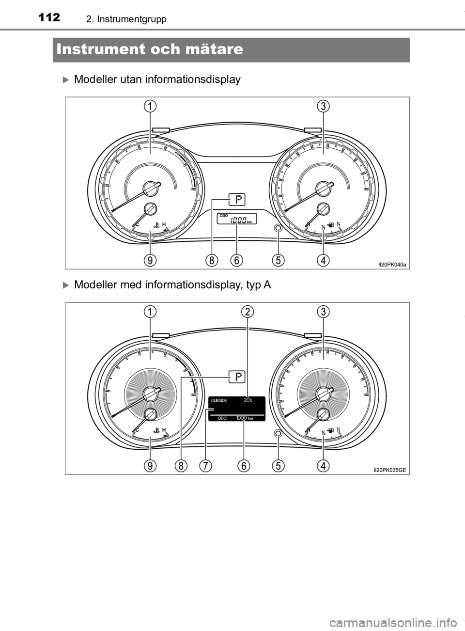 TOYOTA HILUX 2020 Bruksanvisningar (in Swedish) 1122. Instrumentgrupp
HILUX_OM_OM0K321SE
Instrument och mätare
Modeller utan informationsdisplay
Modeller med informationsdisplay, typ A
OM0K321SE.book Page 112 Monday, January 13, 2020 11:4 TOYOTA HILUX 2020 Bruksanvisningar (in Swedish) 1122. Instrumentgrupp
HILUX_OM_OM0K321SE
Instrument och mätare
Modeller utan informationsdisplay
Modeller med informationsdisplay, typ A
OM0K321SE.book Page 112 Monday, January 13, 2020 11:4