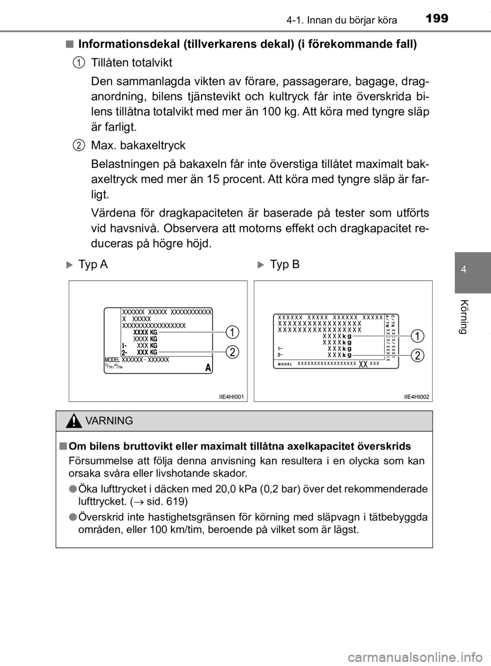 TOYOTA HILUX 2020 Bruksanvisningar (in Swedish) 1994-1. Innan du börjar köra
4
Körning
HILUX_OM_OM0K321SEn
Informationsdekal (tillverkarens
dekal) (i förekommande fall)
Tillåten totalvikt
Den sammanlagda vikten av förare, passagerare, bagage TOYOTA HILUX 2020 Bruksanvisningar (in Swedish) 1994-1. Innan du börjar köra
4
Körning
HILUX_OM_OM0K321SEn
Informationsdekal (tillverkarens
dekal) (i förekommande fall)
Tillåten totalvikt
Den sammanlagda vikten av förare, passagerare, bagage