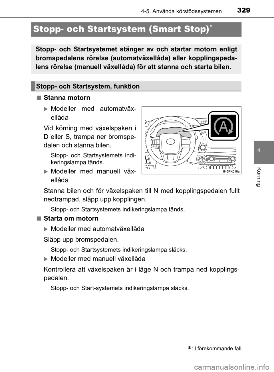 TOYOTA HILUX 2020 Bruksanvisningar (in Swedish) 329
4
4-5. Använda körstödssystemen
Körning
HILUX_OM_OM0K321SE
Stopp- och Startsystem (Smart Stop)
nStanna motorn
Modeller med automatväx-
ellåda
Vid körning med växelspaken i
D eller S, TOYOTA HILUX 2020 Bruksanvisningar (in Swedish) 329
4
4-5. Använda körstödssystemen
Körning
HILUX_OM_OM0K321SE
Stopp- och Startsystem (Smart Stop)
nStanna motorn
Modeller med automatväx-
ellåda
Vid körning med växelspaken i
D eller S,