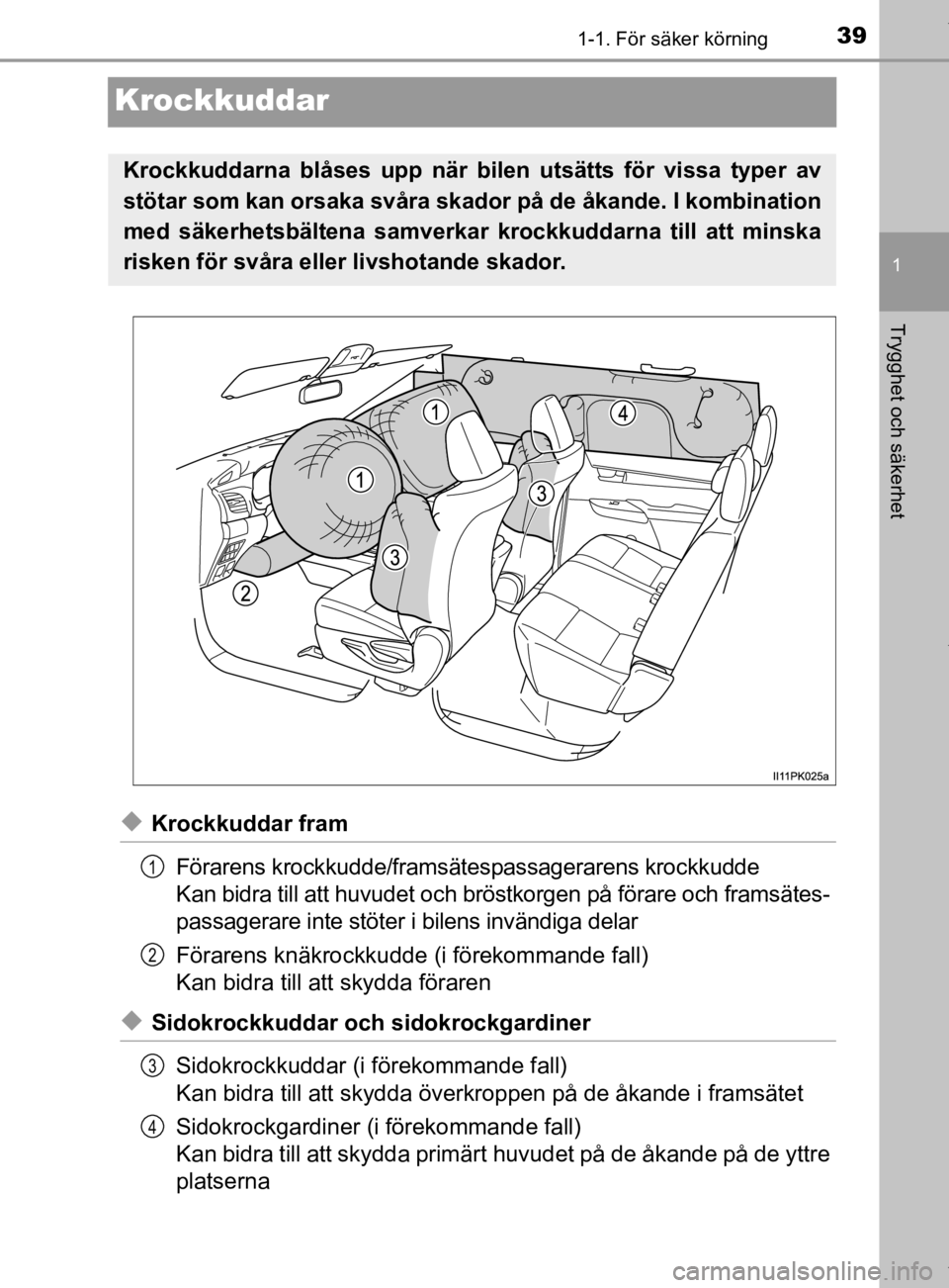 TOYOTA HILUX 2020  Bruksanvisningar (in Swedish) 391-1. För säker körning
1
Trygghet och säkerhet
HILUX_OM_OM0K321SE
Krockkuddar
uKrockkuddar framFörarens krockkudde/framsätespassagerarens krockkudde
Kan bidra till att huvude t och bröstkorge