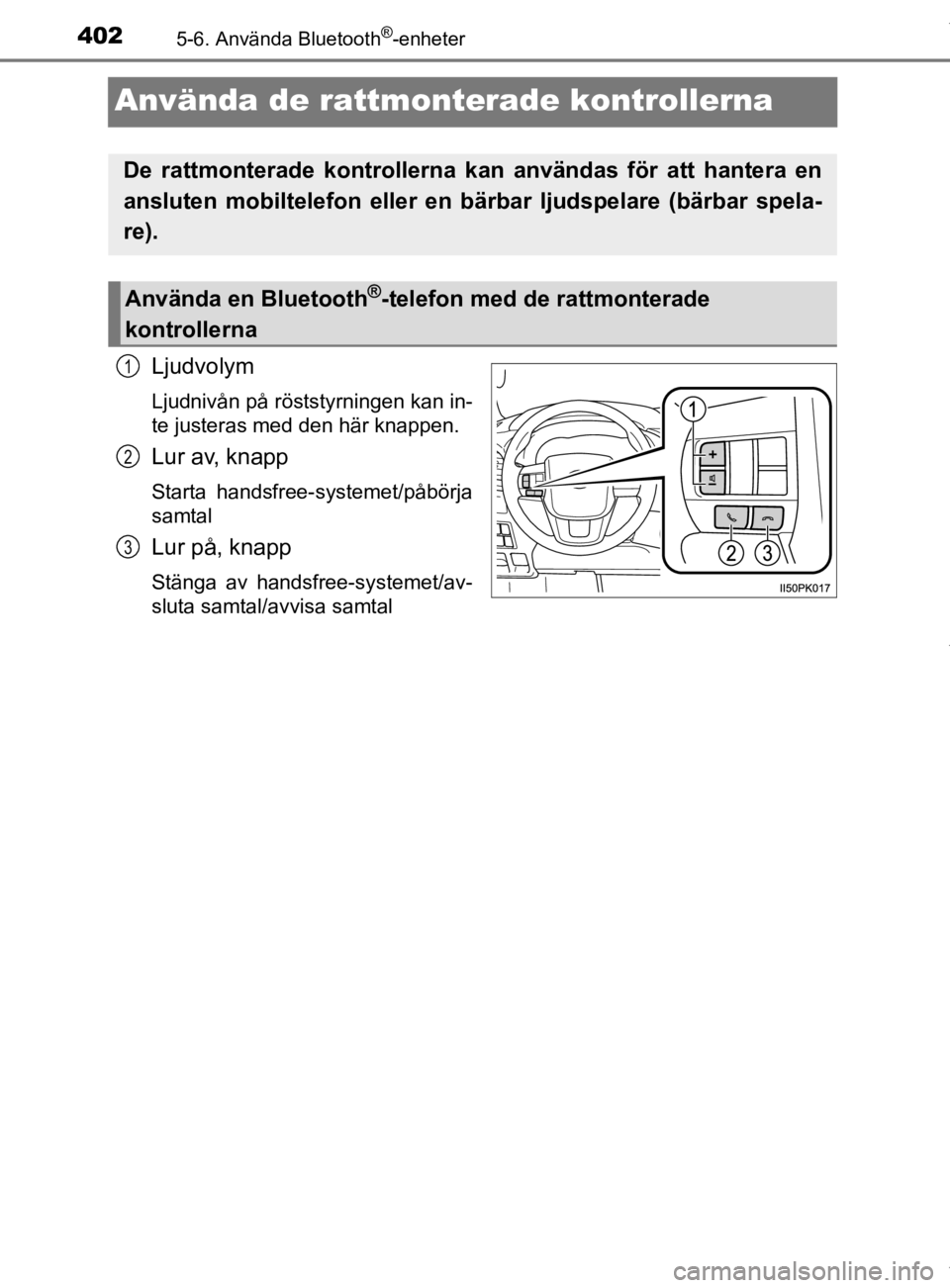 TOYOTA HILUX 2020 Bruksanvisningar (in Swedish) 4025-6. Använda Bluetooth®-enheter
HILUX_OM_OM0K321SE
Använda de rattmonterade kontrollerna
Ljudvolym
Ljudnivån på röststyrningen kan in-
te justeras med den här knappen.
Lur av, knapp
Starta h TOYOTA HILUX 2020 Bruksanvisningar (in Swedish) 4025-6. Använda Bluetooth®-enheter
HILUX_OM_OM0K321SE
Använda de rattmonterade kontrollerna
Ljudvolym
Ljudnivån på röststyrningen kan in-
te justeras med den här knappen.
Lur av, knapp
Starta h