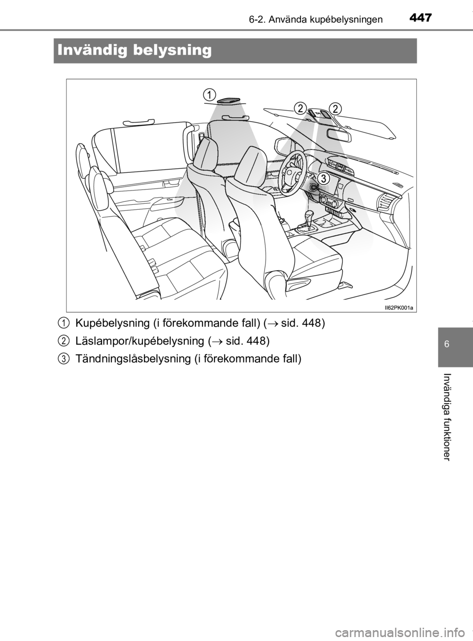 TOYOTA HILUX 2020 Bruksanvisningar (in Swedish) 4476-2. Använda kupébelysningen
HILUX_OM_OM0K321SE
6
Invändiga funktioner
Invändig belysning
Kupébelysning (i förekommande fall) (sid. 448)
Läslampor/kupébelysning ( sid. 448)
Tändnings TOYOTA HILUX 2020 Bruksanvisningar (in Swedish) 4476-2. Använda kupébelysningen
HILUX_OM_OM0K321SE
6
Invändiga funktioner
Invändig belysning
Kupébelysning (i förekommande fall) (sid. 448)
Läslampor/kupébelysning ( sid. 448)
Tändnings