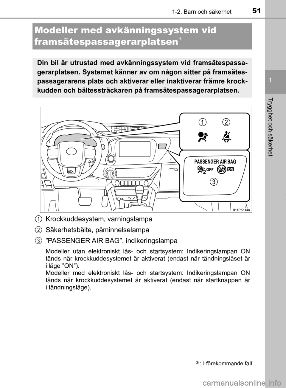 TOYOTA HILUX 2020 Bruksanvisningar (in Swedish) 511-2. Barn och säkerhet
1
HILUX_OM_OM0K321SE
Trygghet och säkerhet
Modeller med avkänningssystem vid
framsätespassagerarplatsen
Krockkuddesystem, varningslampa
Säkerhetsbälte, påminnelsel TOYOTA HILUX 2020 Bruksanvisningar (in Swedish) 511-2. Barn och säkerhet
1
HILUX_OM_OM0K321SE
Trygghet och säkerhet
Modeller med avkänningssystem vid
framsätespassagerarplatsen
Krockkuddesystem, varningslampa
Säkerhetsbälte, påminnelsel