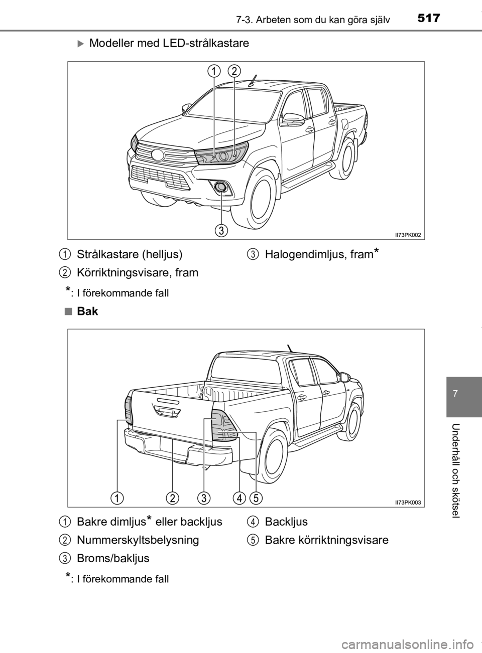 TOYOTA HILUX 2020  Bruksanvisningar (in Swedish) 5177-3. Arbeten som du kan göra själv
HILUX_OM_OM0K321SE
7
Underhåll och skötsel
Modeller med LED-strålkastare
*: I förekommande fall
n
Bak
*: I förekommande fall
Strålkastare (helljus)
Kö