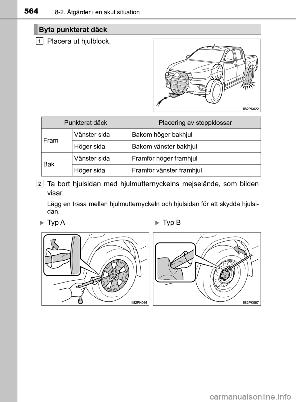 TOYOTA HILUX 2020  Bruksanvisningar (in Swedish) 5648-2. Åtgärder i en akut situation
HILUX_OM_OM0K321SE
Placera ut hjulblock.
Ta bort hjulsidan med hjulmutternyckelns mejselände, som bilden
visar.
Lägg en trasa mellan hjulmutternyckeln och hjul