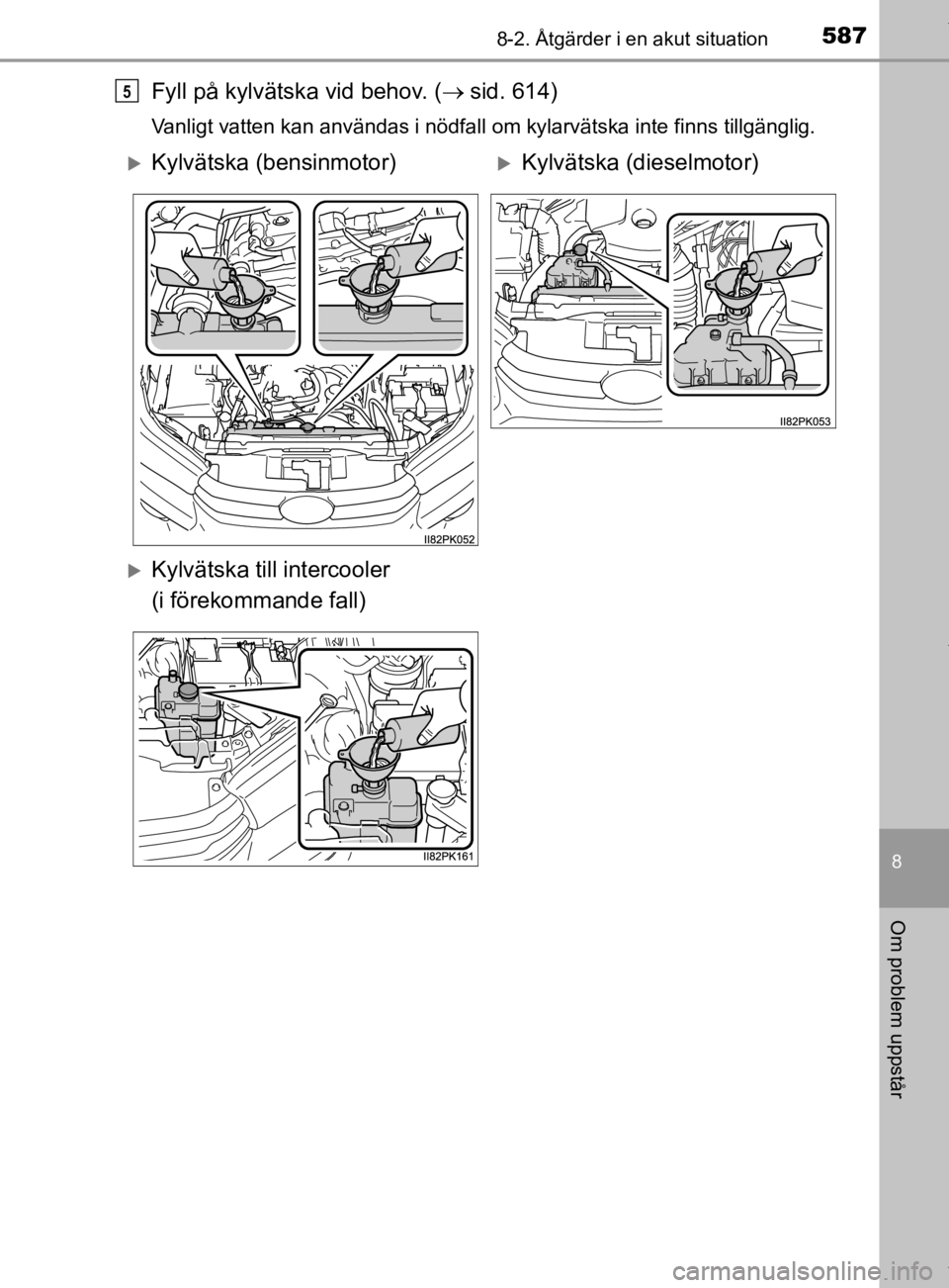 TOYOTA HILUX 2020  Bruksanvisningar (in Swedish) 5878-2. Åtgärder i en akut situation
HILUX_OM_OM0K321SE
8
Om problem uppstår
Fyll på kylvätska vid behov. (sid. 614)
Vanligt vatten kan användas i nödfall om kylarvätska inte finns tillgän