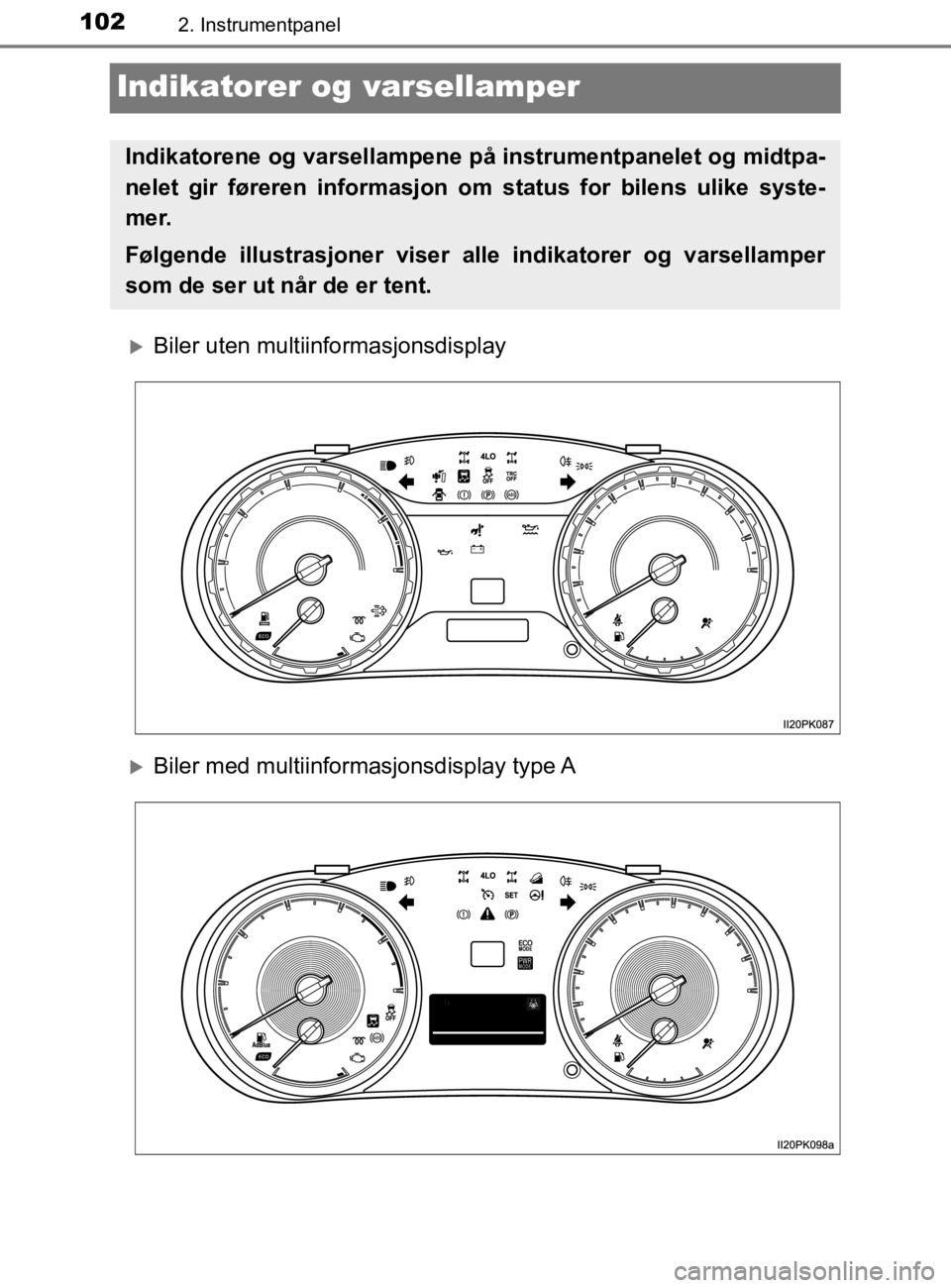 TOYOTA HILUX 2020 Instruksjoner for bruk (in Norwegian) 1022. Instrumentpanel
HILUX_OM_OM0K321NO
Indikatorer og varsellamper
Biler uten multiinformasjonsdisplay
Biler med multiinformasjonsdisplay type A
Indikatorene og varsellampene på instrumentpa TOYOTA HILUX 2020 Instruksjoner for bruk (in Norwegian) 1022. Instrumentpanel
HILUX_OM_OM0K321NO
Indikatorer og varsellamper
Biler uten multiinformasjonsdisplay
Biler med multiinformasjonsdisplay type A
Indikatorene og varsellampene på instrumentpa