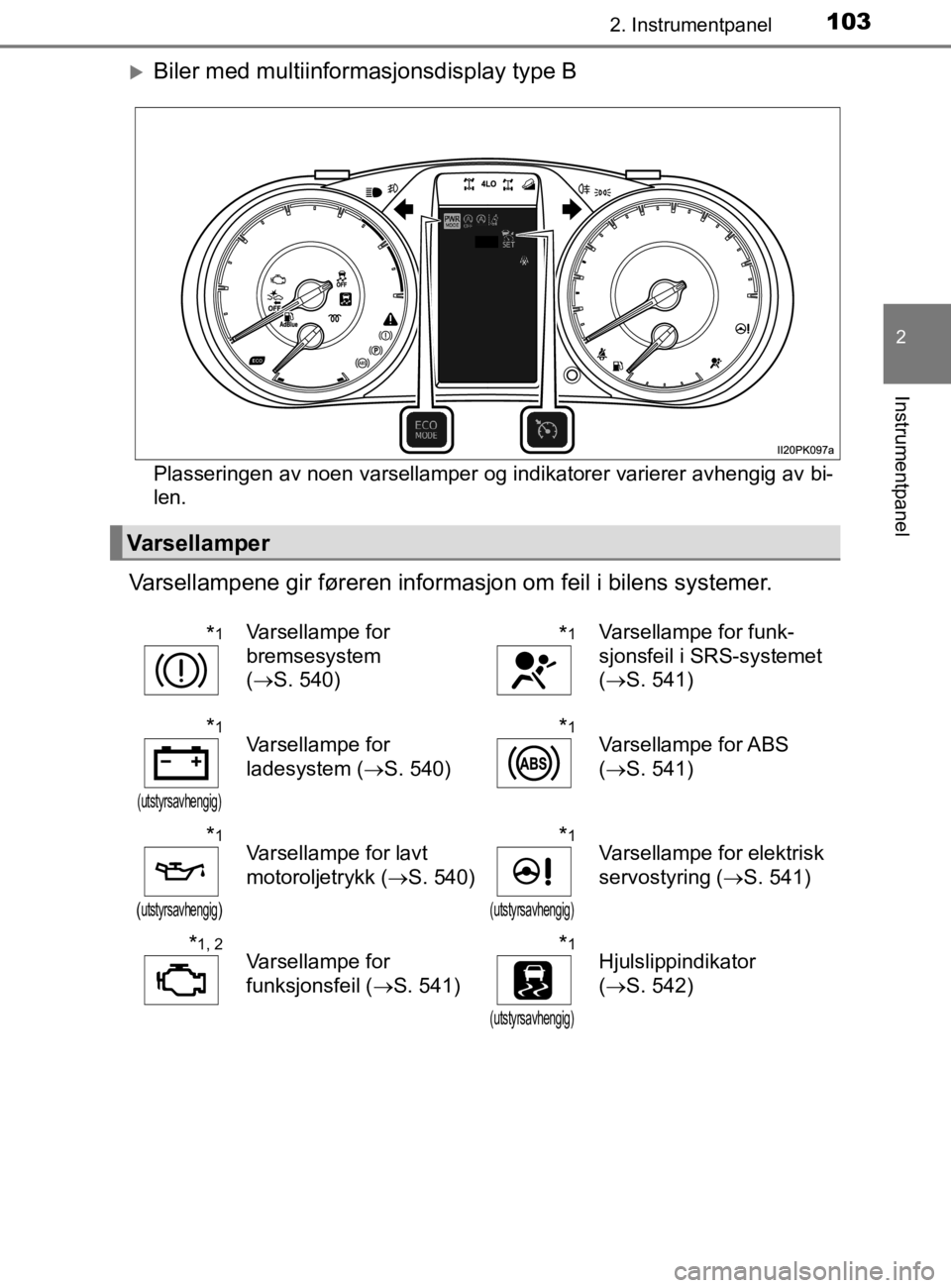 TOYOTA HILUX 2020  Instruksjoner for bruk (in Norwegian) 1032. Instrumentpanel
2
Instrumentpanel
HILUX_OM_OM0K321NO
Biler med multiinformasjonsdisplay type B
Plasseringen av noen varsellamper og indikatorer varierer avhengig av bi-
len.
Varsellampene gir