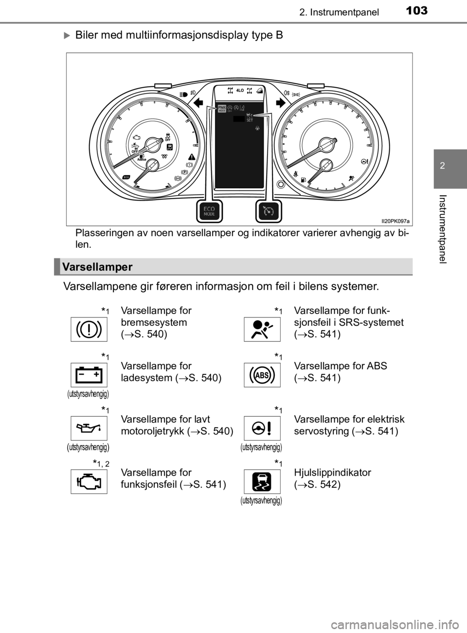 TOYOTA HILUX 2020 Instruksjoner for bruk (in Norwegian) 1032. Instrumentpanel
2
Instrumentpanel
HILUX_OM_OM0K321NO
Biler med multiinformasjonsdisplay type B
Plasseringen av noen varsellamper og indikatorer varierer avhengig av bi-
len.
Varsellampene gir TOYOTA HILUX 2020 Instruksjoner for bruk (in Norwegian) 1032. Instrumentpanel
2
Instrumentpanel
HILUX_OM_OM0K321NO
Biler med multiinformasjonsdisplay type B
Plasseringen av noen varsellamper og indikatorer varierer avhengig av bi-
len.
Varsellampene gir