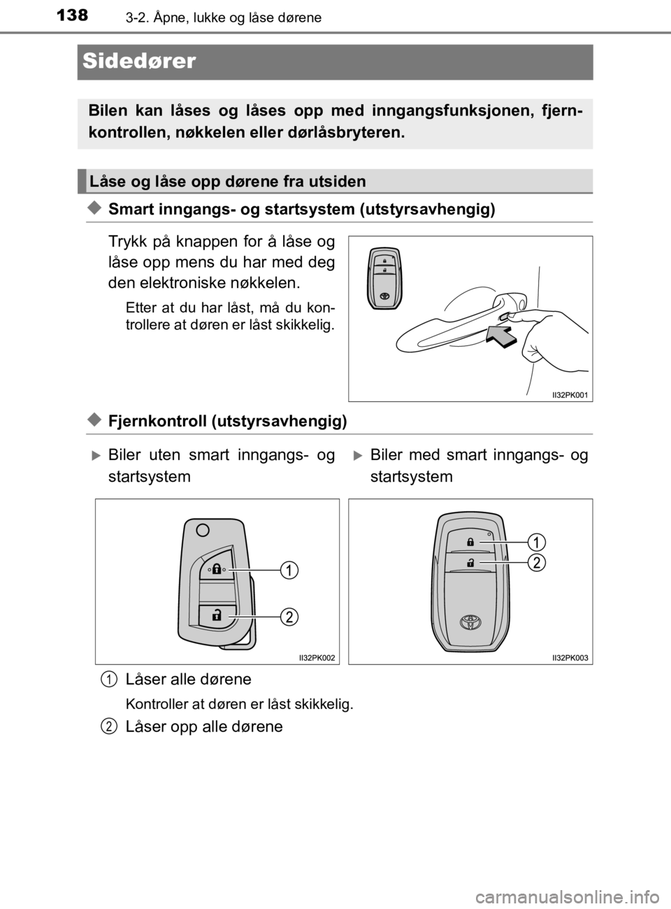 TOYOTA HILUX 2020 Instruksjoner for bruk (in Norwegian) 1383-2. Åpne, lukke og låse dørene
HILUX_OM_OM0K321NO
Sidedører
uSmart inngangs- og startsystem (utstyrsavhengig)
Trykk på knappen for å låse og
låse opp mens du har med deg
den elektroniske n TOYOTA HILUX 2020 Instruksjoner for bruk (in Norwegian) 1383-2. Åpne, lukke og låse dørene
HILUX_OM_OM0K321NO
Sidedører
uSmart inngangs- og startsystem (utstyrsavhengig)
Trykk på knappen for å låse og
låse opp mens du har med deg
den elektroniske n