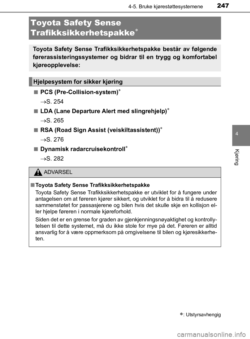 TOYOTA HILUX 2020 Instruksjoner for bruk (in Norwegian) 247
4
4-5. Bruke kjørestøttesystemene
Kjøring
HILUX_OM_OM0K321NO
Toyota Safety Sense
Trafikksikkerhetspakke
nPCS (Pre-Collision-system)
S. 254
nLDA (Lane Departure Alert med slingrehjelp TOYOTA HILUX 2020 Instruksjoner for bruk (in Norwegian) 247
4
4-5. Bruke kjørestøttesystemene
Kjøring
HILUX_OM_OM0K321NO
Toyota Safety Sense
Trafikksikkerhetspakke
nPCS (Pre-Collision-system)
S. 254
nLDA (Lane Departure Alert med slingrehjelp