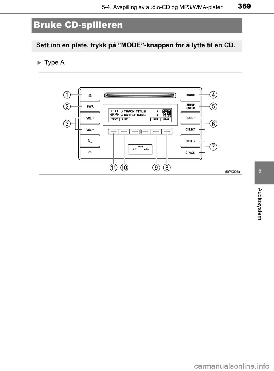 TOYOTA HILUX 2020  Instruksjoner for bruk (in Norwegian) 369
5
5-4. Avspilling av audio-CD og MP3/WMA-plater
Audiosystem
HILUX_OM_OM0K321NO
Bruke CD-spilleren
Ty p e  A
Sett inn en plate, trykk på ”MODE”-knappen for å lytte til en CD.
HILUX_OM0K321