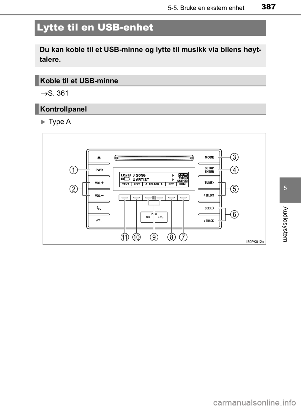 TOYOTA HILUX 2020 Instruksjoner for bruk (in Norwegian) 387
5
5-5. Bruke en ekstern enhet
Audiosystem
HILUX_OM_OM0K321NO
Lytte til en USB-enhet
S. 361
Ty p e A
Du kan koble til et USB-minne og lytte til musikk via bilens høyt-
talere.
Koble til et TOYOTA HILUX 2020 Instruksjoner for bruk (in Norwegian) 387
5
5-5. Bruke en ekstern enhet
Audiosystem
HILUX_OM_OM0K321NO
Lytte til en USB-enhet
S. 361
Ty p e A
Du kan koble til et USB-minne og lytte til musikk via bilens høyt-
talere.
Koble til et