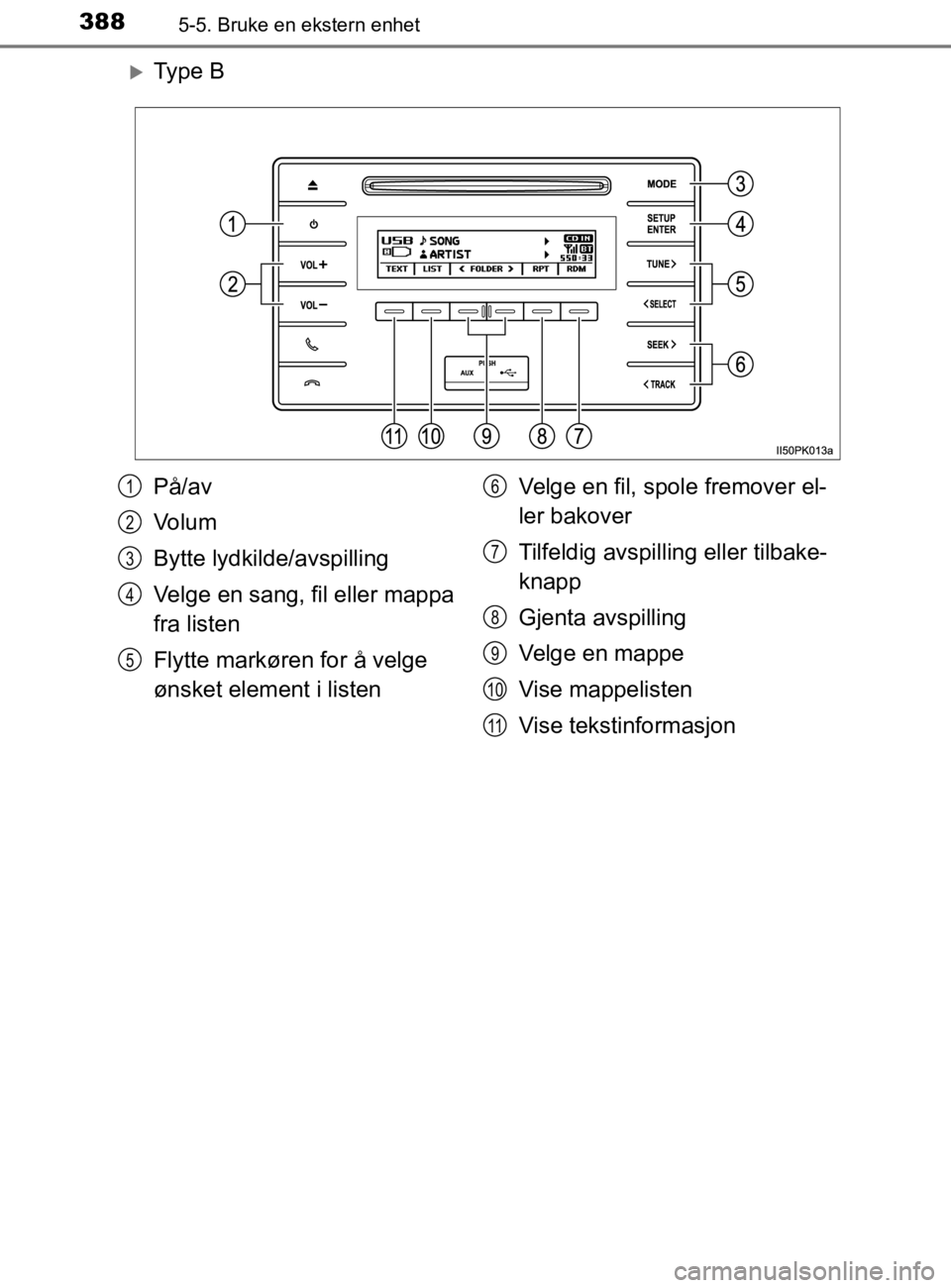 TOYOTA HILUX 2020 Instruksjoner for bruk (in Norwegian) 3885-5. Bruke en ekstern enhet
HILUX_OM_OM0K321NO
Ty p e B
På/av
Volum
Bytte lydkilde/avspilling
Velge en sang, fil eller mappa
fra listen
Flytte markøren for å velge
ønsket element i listen TOYOTA HILUX 2020 Instruksjoner for bruk (in Norwegian) 3885-5. Bruke en ekstern enhet
HILUX_OM_OM0K321NO
Ty p e B
På/av
Volum
Bytte lydkilde/avspilling
Velge en sang, fil eller mappa
fra listen
Flytte markøren for å velge
ønsket element i listen