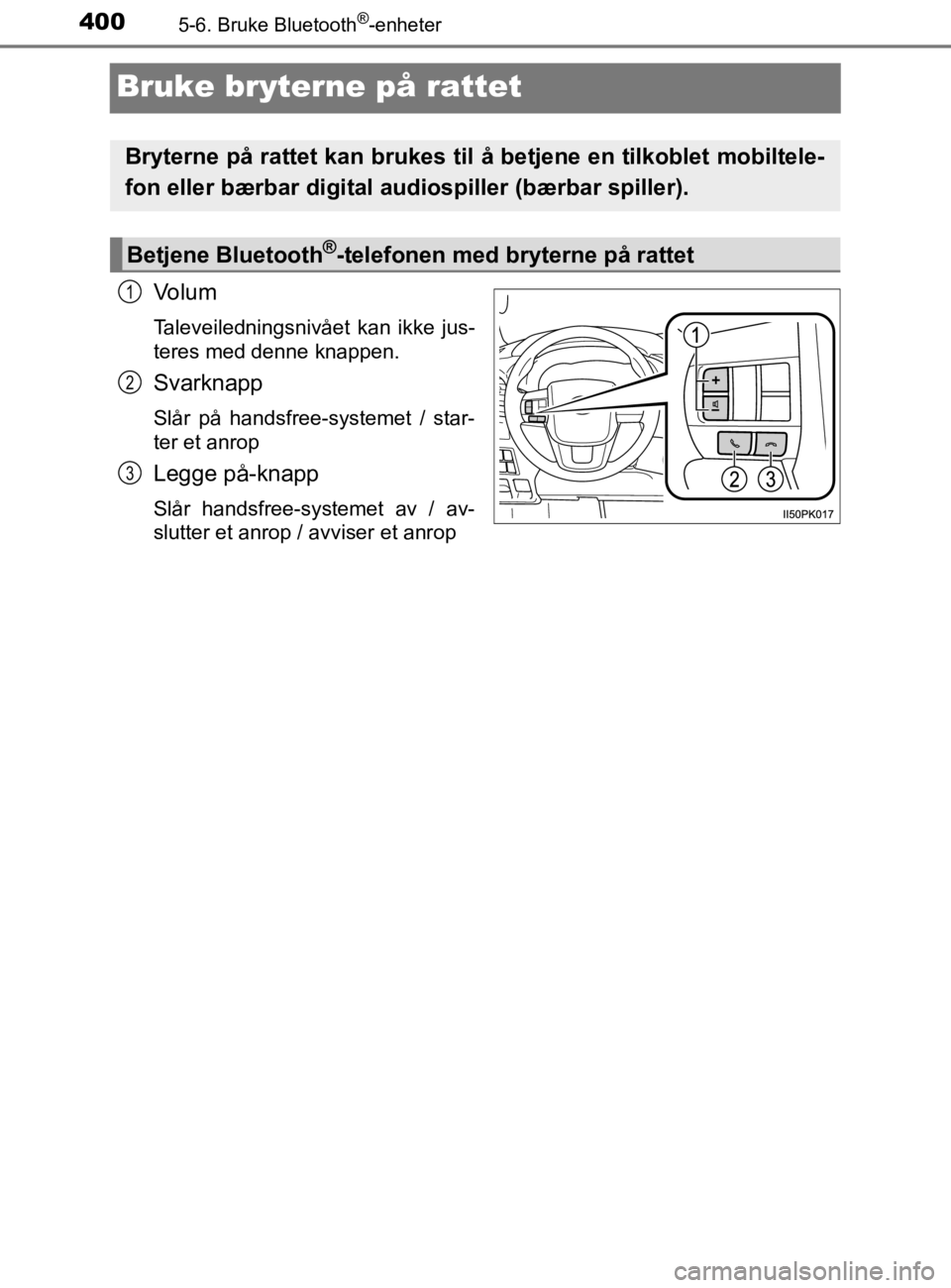 TOYOTA HILUX 2020  Instruksjoner for bruk (in Norwegian) 4005-6. Bruke Bluetooth®-enheter
HILUX_OM_OM0K321NO
Bruke bryterne på rattet
Volum
Taleveiledningsnivået kan ikke jus-
teres med denne knappen.
Svarknapp
Slår på handsfree-systemet / star-
ter et