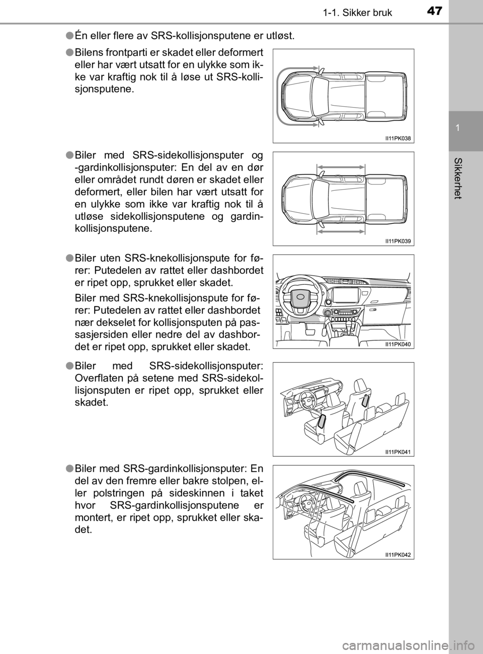 TOYOTA HILUX 2020  Instruksjoner for bruk (in Norwegian) 471-1. Sikker bruk
1
HILUX_OM_OM0K321NO
Sikkerhet
lÉn eller flere av SRS-kollisjonsputene er utløst.
l Bilens frontparti er skadet eller deformert
eller har vært utsatt for en ulykke som ik-
ke var