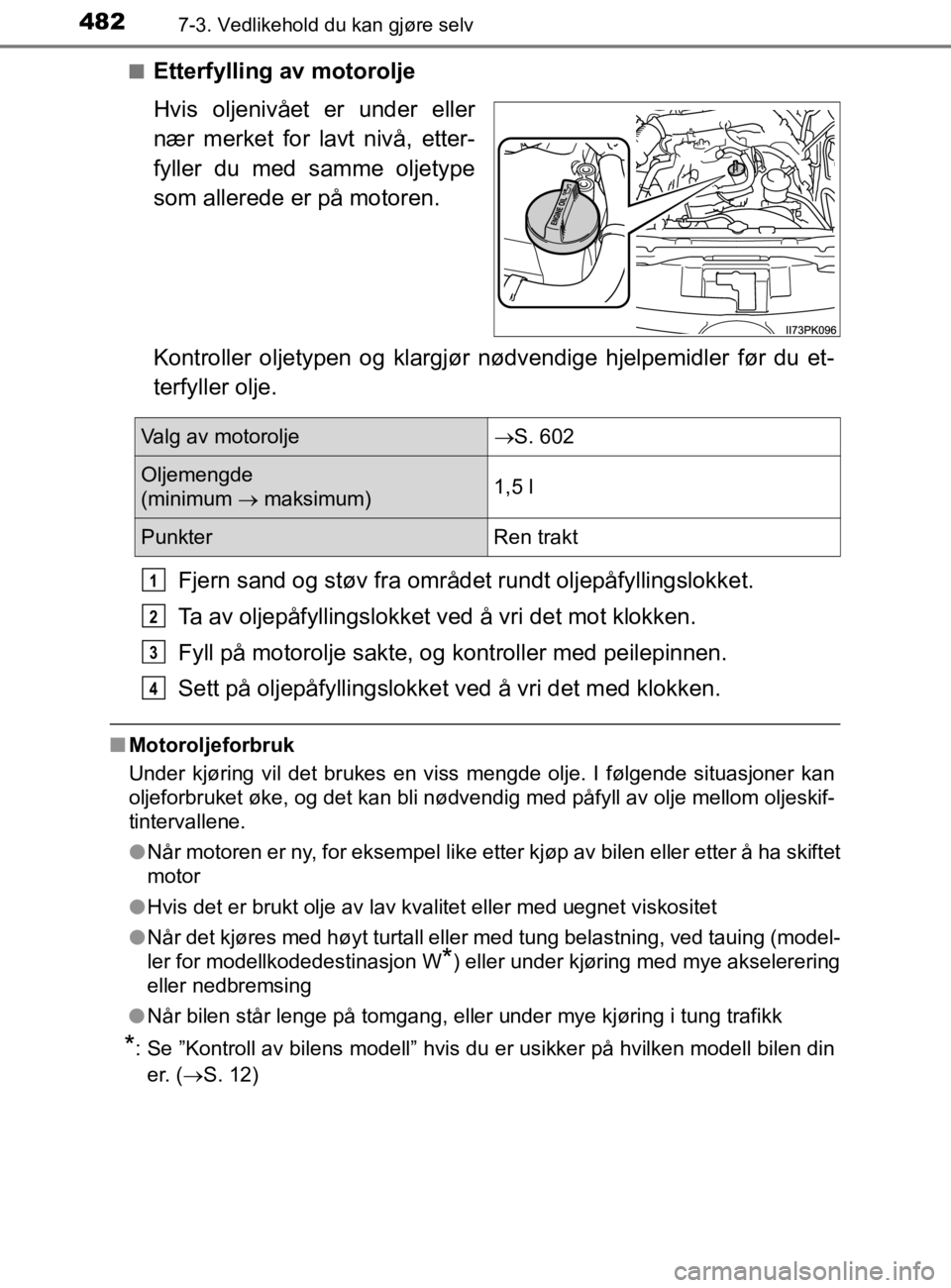 TOYOTA HILUX 2020 Instruksjoner for bruk (in Norwegian) 4827-3. Vedlikehold du kan gjøre selv
HILUX_OM_OM0K321NOn
Etterfylling av motorolje
Hvis oljenivået er under eller
nær merket for lavt nivå, etter-
fyller du med samme oljetype
som allerede er på TOYOTA HILUX 2020 Instruksjoner for bruk (in Norwegian) 4827-3. Vedlikehold du kan gjøre selv
HILUX_OM_OM0K321NOn
Etterfylling av motorolje
Hvis oljenivået er under eller
nær merket for lavt nivå, etter-
fyller du med samme oljetype
som allerede er på