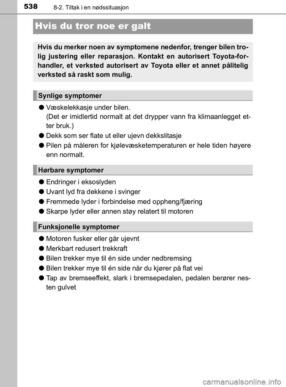 TOYOTA HILUX 2020 Instruksjoner for bruk (in Norwegian) 5388-2. Tiltak i en nødssituasjon
HILUX_OM_OM0K321NO
Hvis du tror noe er galt
lVæskelekkasje under bilen.
(Det er imidlertid normalt at det drypper vann fra klimaanlegget et-
ter bruk.)
l Dekk som TOYOTA HILUX 2020 Instruksjoner for bruk (in Norwegian) 5388-2. Tiltak i en nødssituasjon
HILUX_OM_OM0K321NO
Hvis du tror noe er galt
lVæskelekkasje under bilen.
(Det er imidlertid normalt at det drypper vann fra klimaanlegget et-
ter bruk.)
l Dekk som