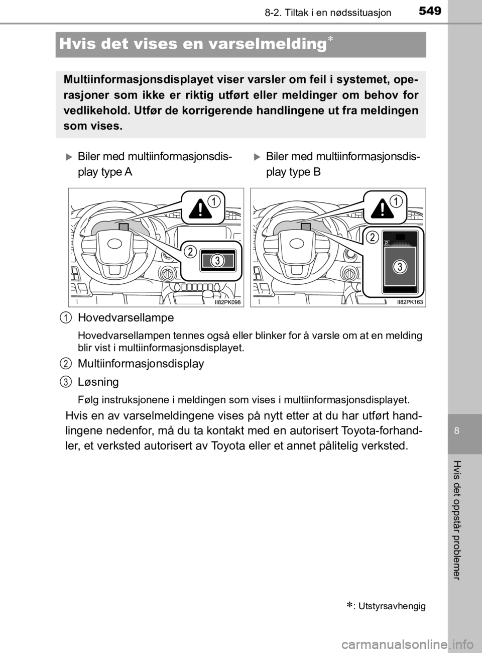 TOYOTA HILUX 2020 Instruksjoner for bruk (in Norwegian) 5498-2. Tiltak i en nødssituasjon
HILUX_OM_OM0K321NO
8
Hvis det oppstår problemer
Hvis det vises en varselmelding
Hovedvarsellampe
Hovedvarsellampen tennes også eller blinker for å varsle om at TOYOTA HILUX 2020 Instruksjoner for bruk (in Norwegian) 5498-2. Tiltak i en nødssituasjon
HILUX_OM_OM0K321NO
8
Hvis det oppstår problemer
Hvis det vises en varselmelding
Hovedvarsellampe
Hovedvarsellampen tennes også eller blinker for å varsle om at