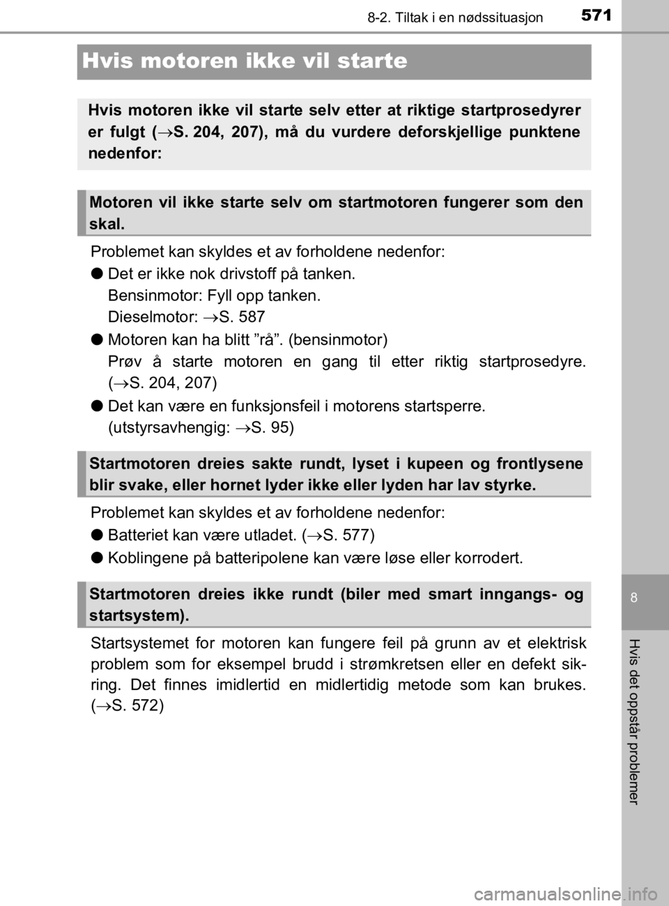 TOYOTA HILUX 2020  Instruksjoner for bruk (in Norwegian) 5718-2. Tiltak i en nødssituasjon
HILUX_OM_OM0K321NO
8
Hvis det oppstår problemer
Hvis motoren ikke vil starte
Problemet kan skyldes et av forholdene nedenfor:
lDet er ikke nok  drivstoff på tanken