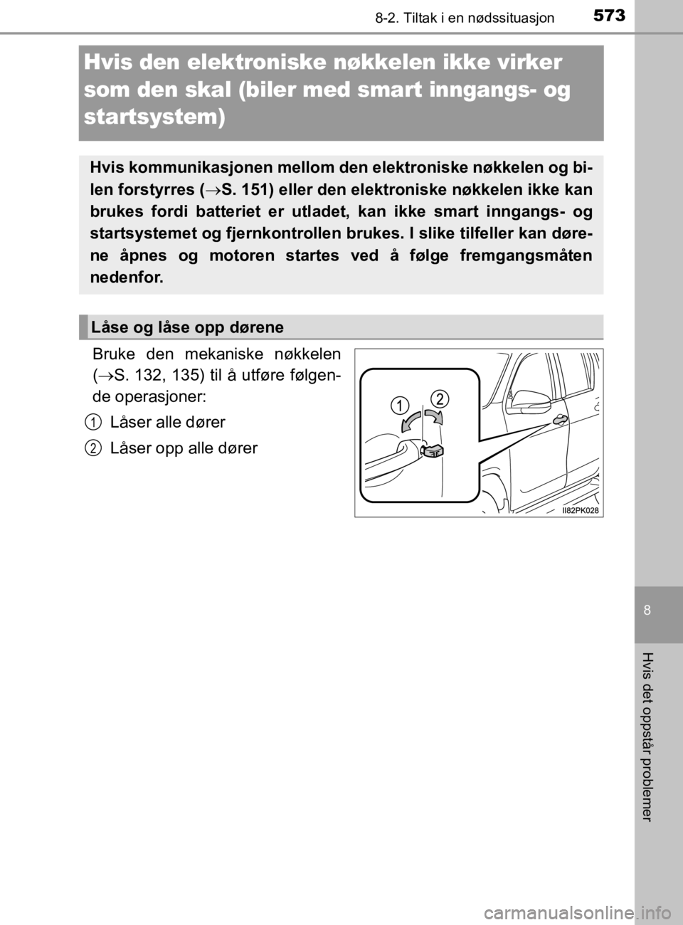 TOYOTA HILUX 2020  Instruksjoner for bruk (in Norwegian) 5738-2. Tiltak i en nødssituasjon
HILUX_OM_OM0K321NO
8
Hvis det oppstår problemer
Hvis den elektroniske nøkkelen ikke virker 
som den skal (biler  med smart inngangs- og 
startsystem)
Bruke den mek