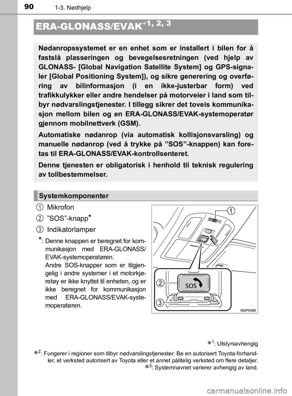 TOYOTA HILUX 2020  Instruksjoner for bruk (in Norwegian) 901-3. Nødhjelp
HILUX_OM_OM0K321NO
ERA-GLONASS/EVAK1, 2, 3
Mikrofon
”SOS”-knapp
*
Indikatorlamper
*: Denne knappen er beregnet for kom-munikasjon med ERA-GLONASS/
EVAK-systemoperatøren.
Andre