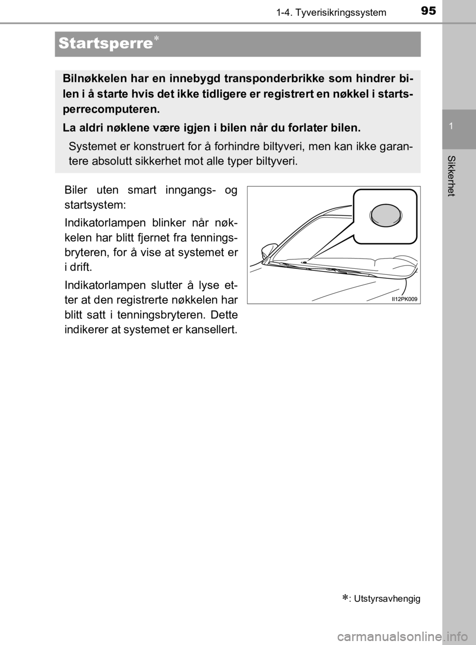 TOYOTA HILUX 2020  Instruksjoner for bruk (in Norwegian) 95
1
1-4. Tyverisikringssystem
HILUX_OM_OM0K321NO
Sikkerhet
Startsperre
Biler uten smart inngangs- og
startsystem:
Indikatorlampen blinker når nøk-
kelen har blitt fjernet fra tennings-
bryteren,