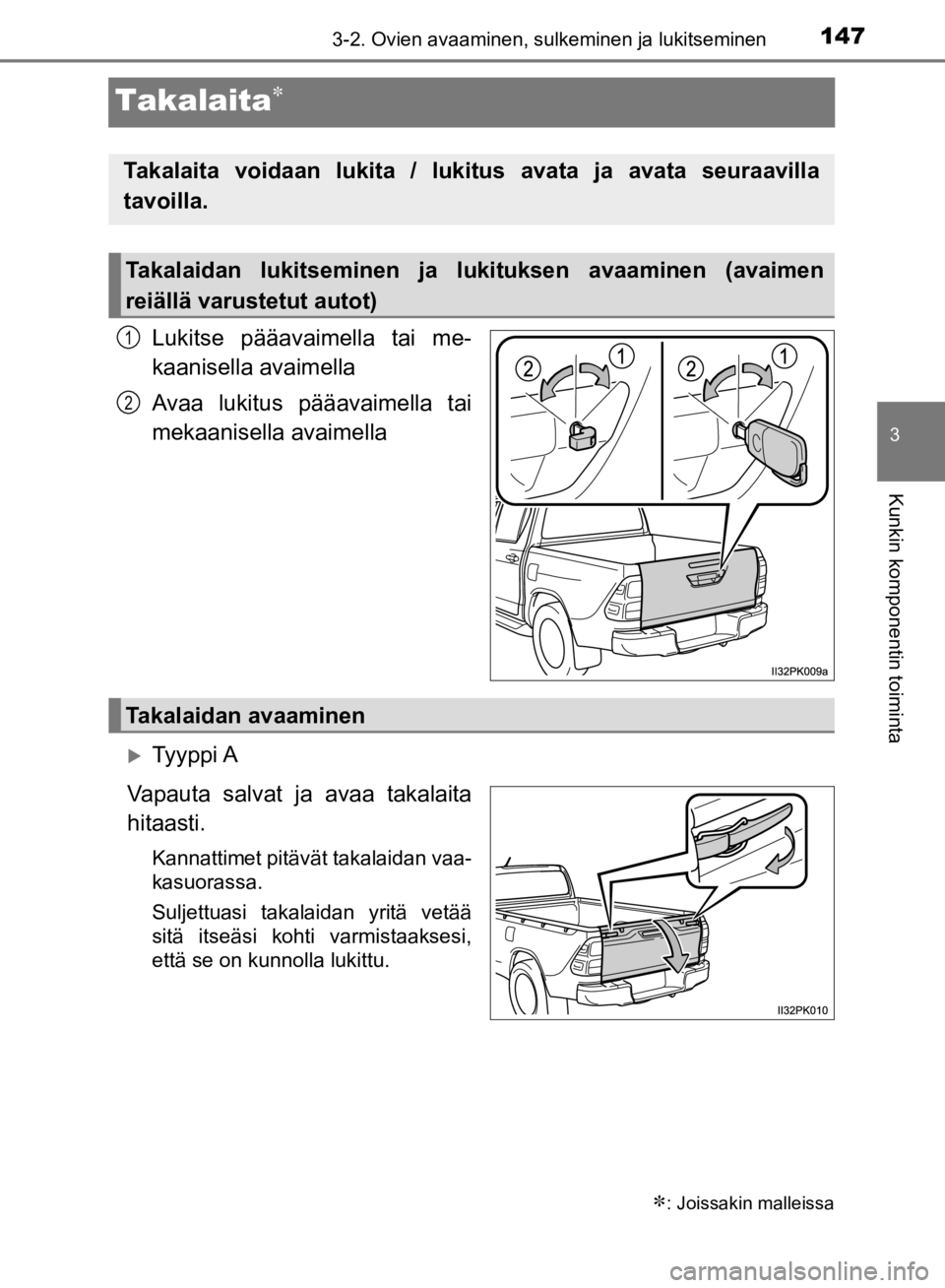 TOYOTA HILUX 2020 Omistajan Käsikirja (in Finnish) 147
3
3-2. Ovien avaaminen, sulkeminen ja lukitseminen
Kunkin komponentin toiminta
HILUX OM0K321FI
Takalaita
Lukitse pääavaimella tai me-
kaanisella avaimella
Avaa lukitus pääavaimella tai
meka TOYOTA HILUX 2020 Omistajan Käsikirja (in Finnish) 147
3
3-2. Ovien avaaminen, sulkeminen ja lukitseminen
Kunkin komponentin toiminta
HILUX OM0K321FI
Takalaita
Lukitse pääavaimella tai me-
kaanisella avaimella
Avaa lukitus pääavaimella tai
meka
