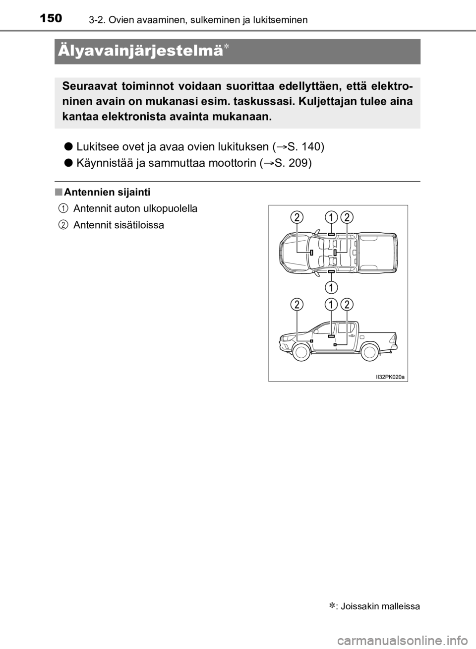 TOYOTA HILUX 2020 Omistajan Käsikirja (in Finnish) 1503-2. Ovien avaaminen, sulkeminen ja lukitseminen
HILUX OM0K321FI
Älyavainjärjestelmä
lLukitsee ovet ja avaa ovien lukituksen ( S. 140)
l Käynnistää ja sammuttaa moottorin ( S. 209)
n TOYOTA HILUX 2020 Omistajan Käsikirja (in Finnish) 1503-2. Ovien avaaminen, sulkeminen ja lukitseminen
HILUX OM0K321FI
Älyavainjärjestelmä
lLukitsee ovet ja avaa ovien lukituksen ( S. 140)
l Käynnistää ja sammuttaa moottorin ( S. 209)
n