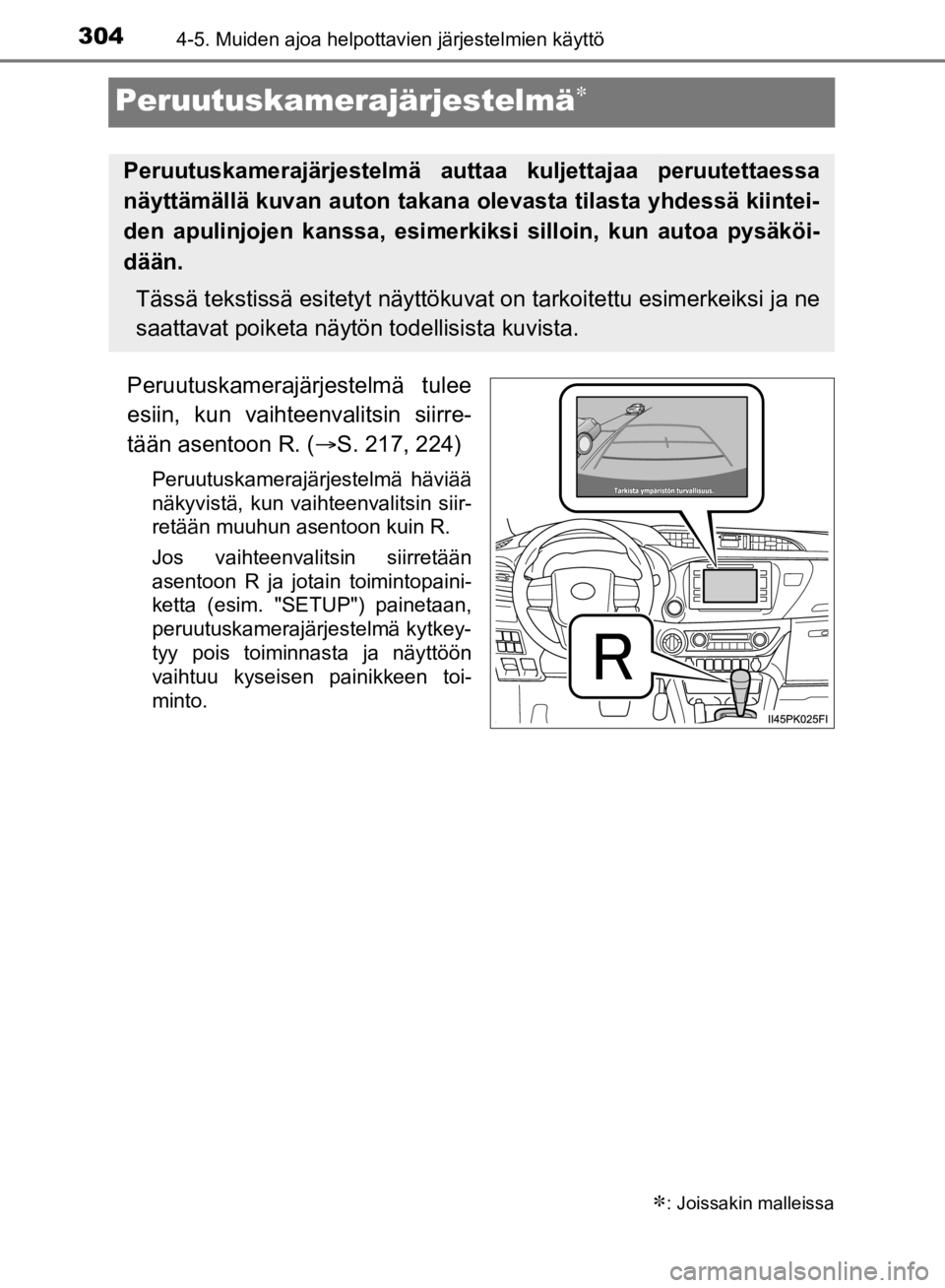 TOYOTA HILUX 2020  Omistajan Käsikirja (in Finnish) 3044-5. Muiden ajoa helpottavien järjestelmien käyttö
HILUX OM0K321FI
Peruutuskamerajärjestelmä
Peruutuskamerajärjestelmä tulee
esiin, kun vaihteenvalitsin siirre-
tään asentoon R. ( S.