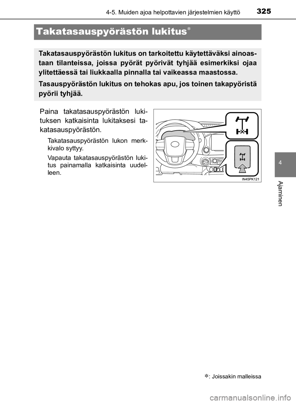 TOYOTA HILUX 2020  Omistajan Käsikirja (in Finnish) 325
4
4-5. Muiden ajoa helpottavien järjestelmien käyttö
Ajaminen
HILUX OM0K321FI
Takatasauspyörästön lukitus
Paina takatasauspyörästön luki-
tuksen katkaisinta lukitaksesi ta-
katasauspy