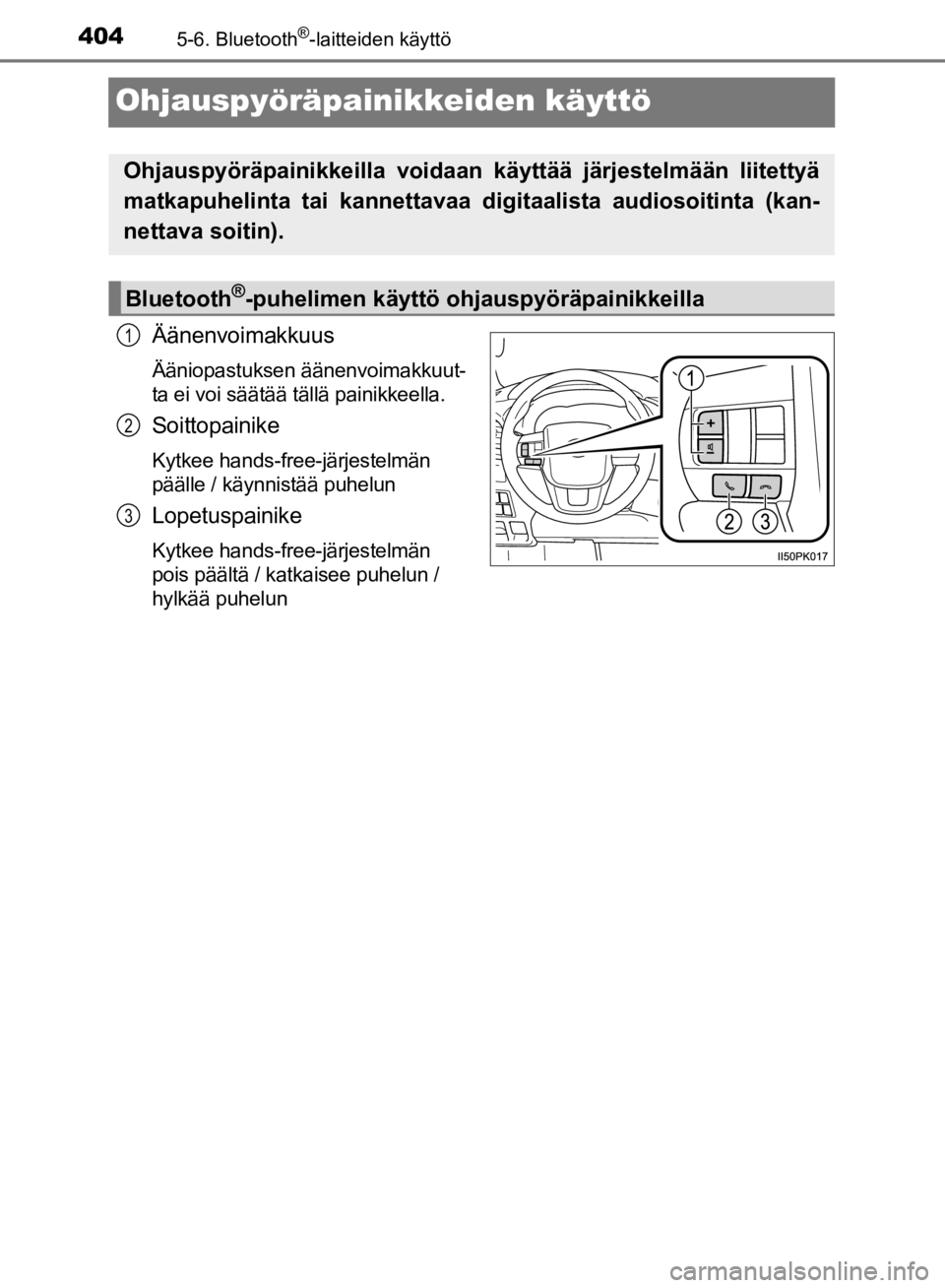 TOYOTA HILUX 2020 Omistajan Käsikirja (in Finnish) 4045-6. Bluetooth®-laitteiden käyttö
HILUX OM0K321FI
Ohjauspyöräpainikkeiden käyttö
Äänenvoimakkuus
Ääniopastuksen äänenvoimakkuut-
ta ei voi säätää tällä painikkeella.
Soittopainik TOYOTA HILUX 2020 Omistajan Käsikirja (in Finnish) 4045-6. Bluetooth®-laitteiden käyttö
HILUX OM0K321FI
Ohjauspyöräpainikkeiden käyttö
Äänenvoimakkuus
Ääniopastuksen äänenvoimakkuut-
ta ei voi säätää tällä painikkeella.
Soittopainik