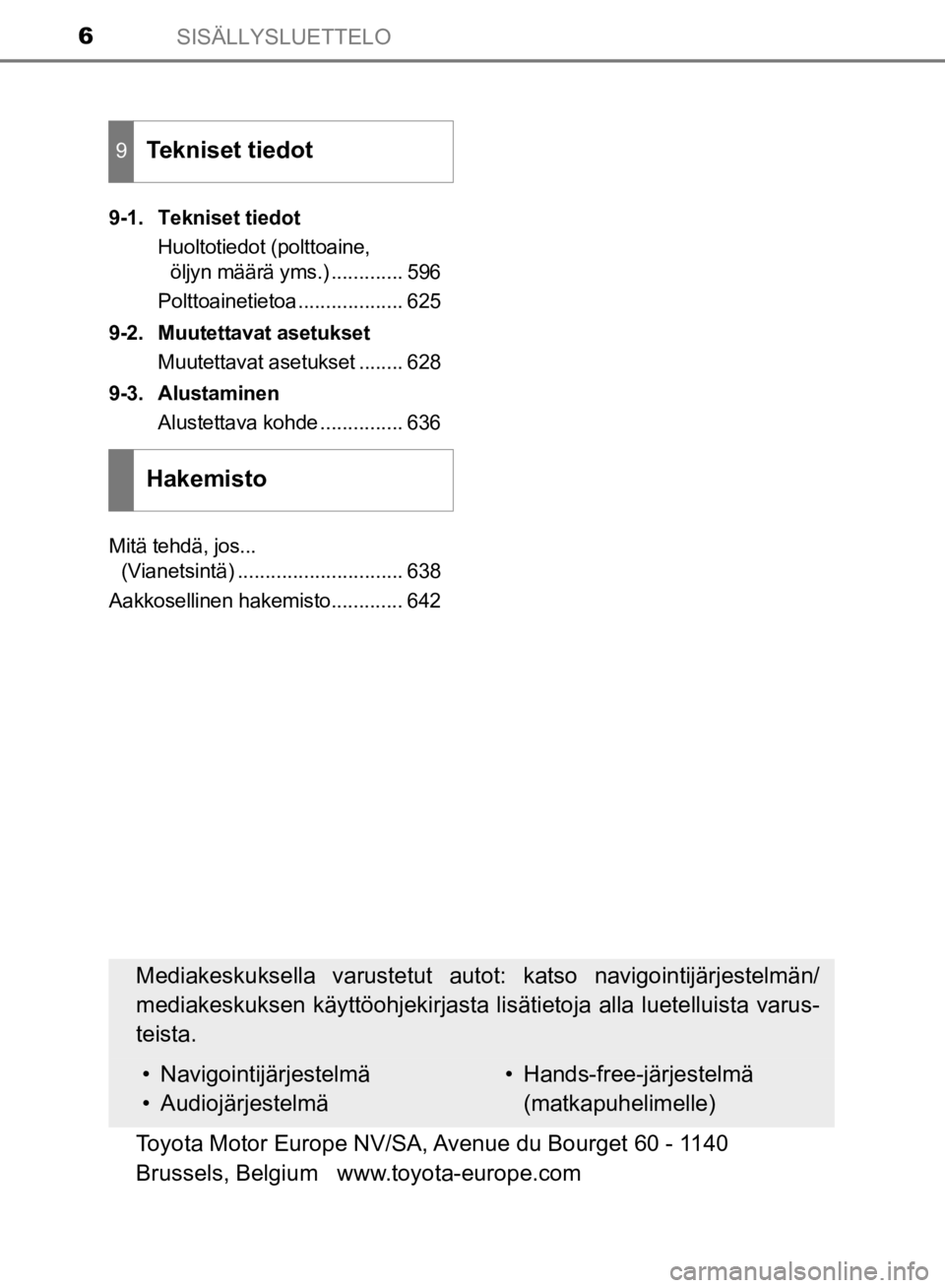 TOYOTA HILUX 2020 Omistajan Käsikirja (in Finnish) SISÄLLYSLUETTELO6
HILUX OM0K321FI9-1. Tekniset tiedot
Huoltotiedot (polttoaine, öljyn määrä yms.) ............. 596
Polttoainetietoa ................... 625
9-2. Muutettavat asetukset Muutettavat TOYOTA HILUX 2020 Omistajan Käsikirja (in Finnish) SISÄLLYSLUETTELO6
HILUX OM0K321FI9-1. Tekniset tiedot
Huoltotiedot (polttoaine, öljyn määrä yms.) ............. 596
Polttoainetietoa ................... 625
9-2. Muutettavat asetukset Muutettavat