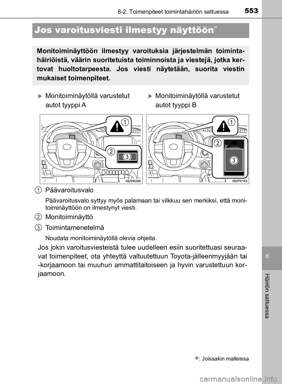 TOYOTA HILUX 2020 Omistajan Käsikirja (in Finnish) 5538-2. Toimenpiteet toimintahäiriön sattuessa
8
Häiriön sattuessa
HILUX OM0K321FI
Jos varoitusviesti ilmestyy näyttöön
Päävaroitusvalo
Päävaroitusvalo syttyy myös palamaan tai vilkkuu TOYOTA HILUX 2020 Omistajan Käsikirja (in Finnish) 5538-2. Toimenpiteet toimintahäiriön sattuessa
8
Häiriön sattuessa
HILUX OM0K321FI
Jos varoitusviesti ilmestyy näyttöön
Päävaroitusvalo
Päävaroitusvalo syttyy myös palamaan tai vilkkuu