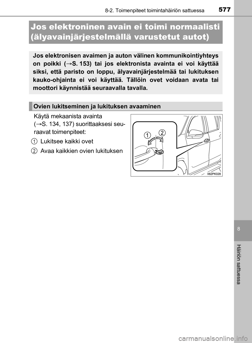TOYOTA HILUX 2020  Omistajan Käsikirja (in Finnish) 5778-2. Toimenpiteet toimintahäiriön sattuessa
8
Häiriön sattuessa
HILUX OM0K321FI
Jos elektroninen avain ei toimi normaalisti 
(älyavainjärjestelmällä varustetut autot)
Käytä mekaanista ava