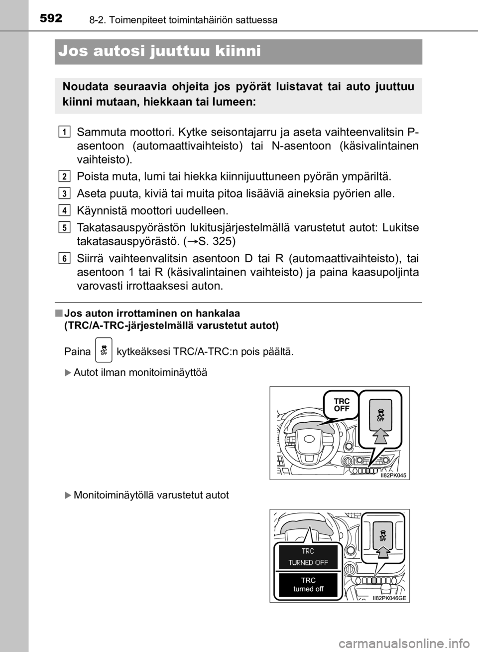 TOYOTA HILUX 2020  Omistajan Käsikirja (in Finnish) 5928-2. Toimenpiteet toimintahäiriön sattuessa
HILUX OM0K321FI
Jos autosi juuttuu kiinni
Sammuta moottori. Kytke seisontajarru ja aseta vaihteenvalitsin P-
asentoon (automaattivaihteisto) tai N-asen