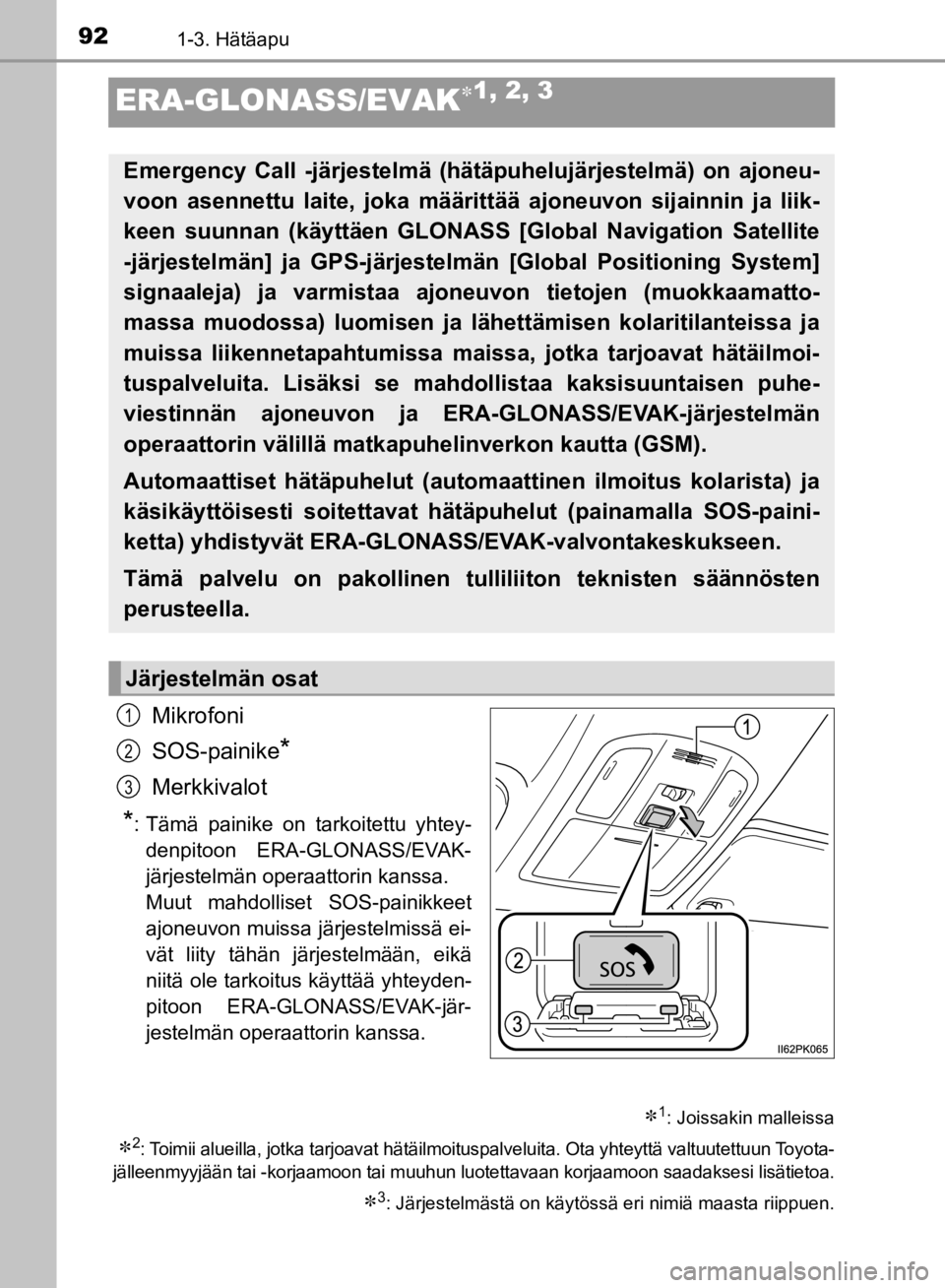TOYOTA HILUX 2020  Omistajan Käsikirja (in Finnish) 921-3. Hätäapu
HILUX OM0K321FI
ERA-GLONASS/EVAK1, 2, 3
Mikrofoni
SOS-painike
*
Merkkivalot
*: Tämä painike on tarkoitettu yhtey-denpitoon ERA-GLONASS/EVAK-
järjestelmän operaattorin kanssa.
M