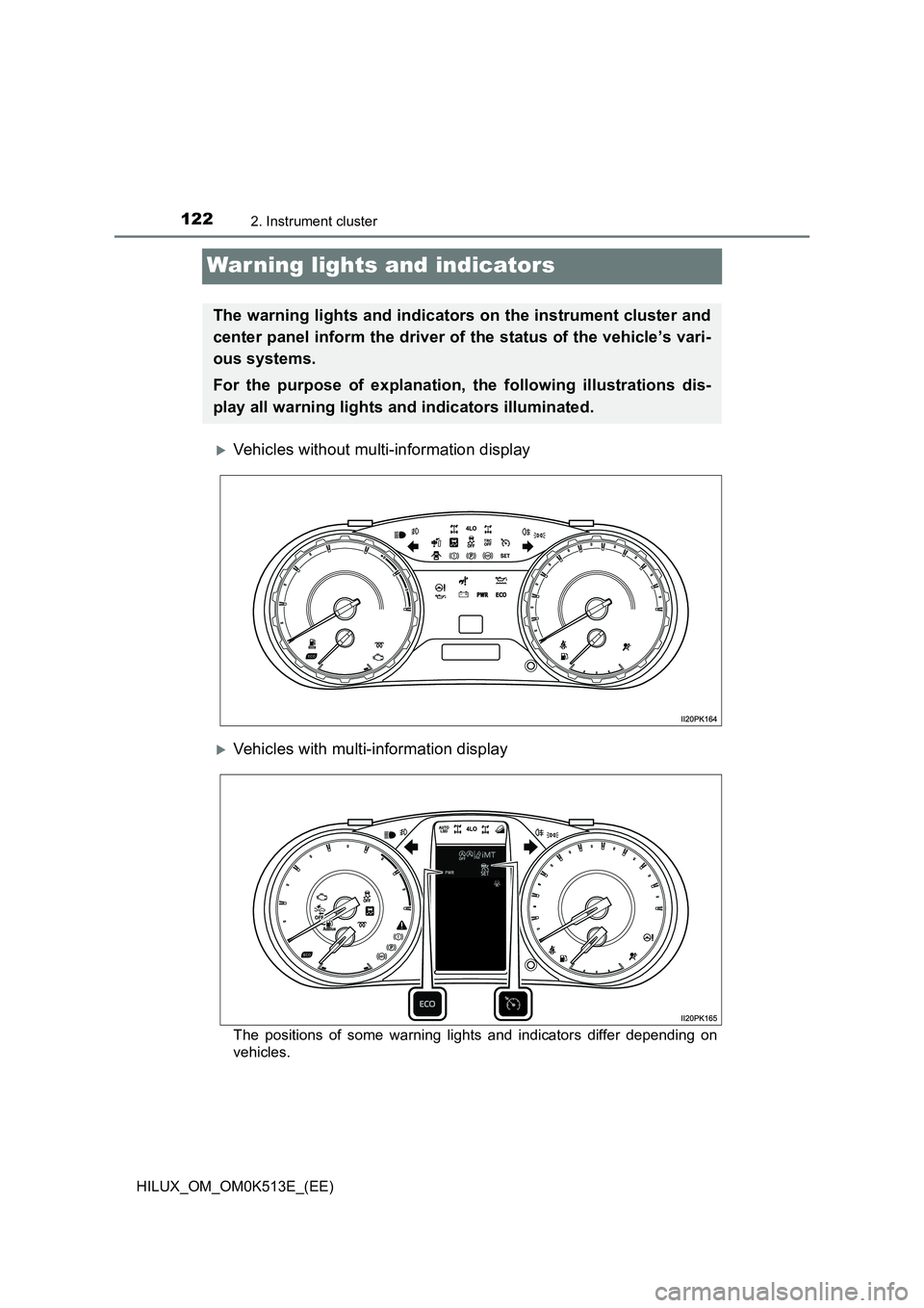 TOYOTA HILUX 2021  Owners Manual (in English) 1222. Instrument cluster
HILUX_OM_OM0K513E_(EE)
War ning lights and indicators
Vehicles without multi-information display
Vehicles with multi-information display
The positions of some warning li